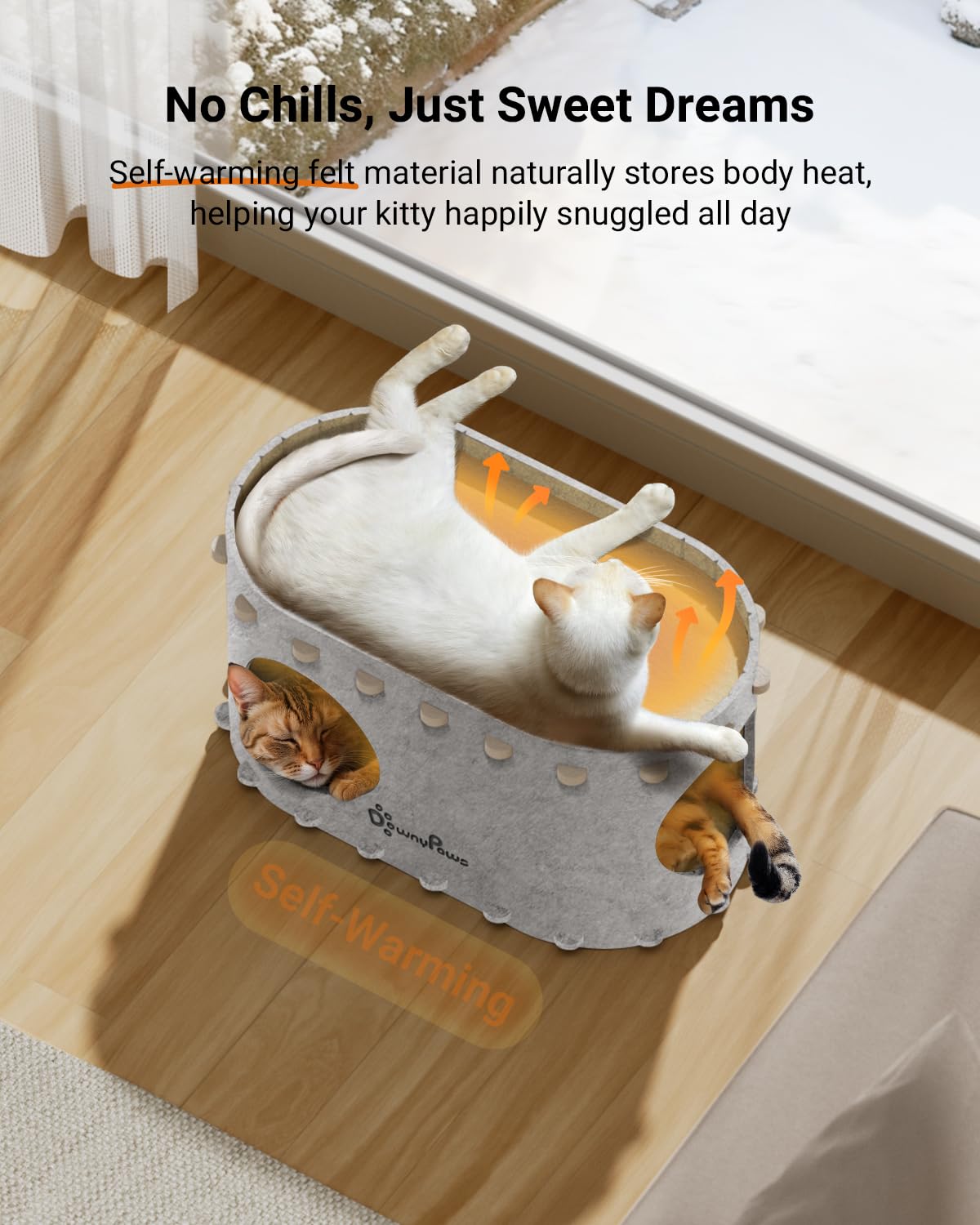Katzenhöhle Filz, Katzenhaus aus Filz, Katzenbett, Katzenhöhle für Katzen, 58 x 33 x 30cm, Peek-a-Boo zum Spielen, Winterfest, Schutz der Katzennägel, Beige