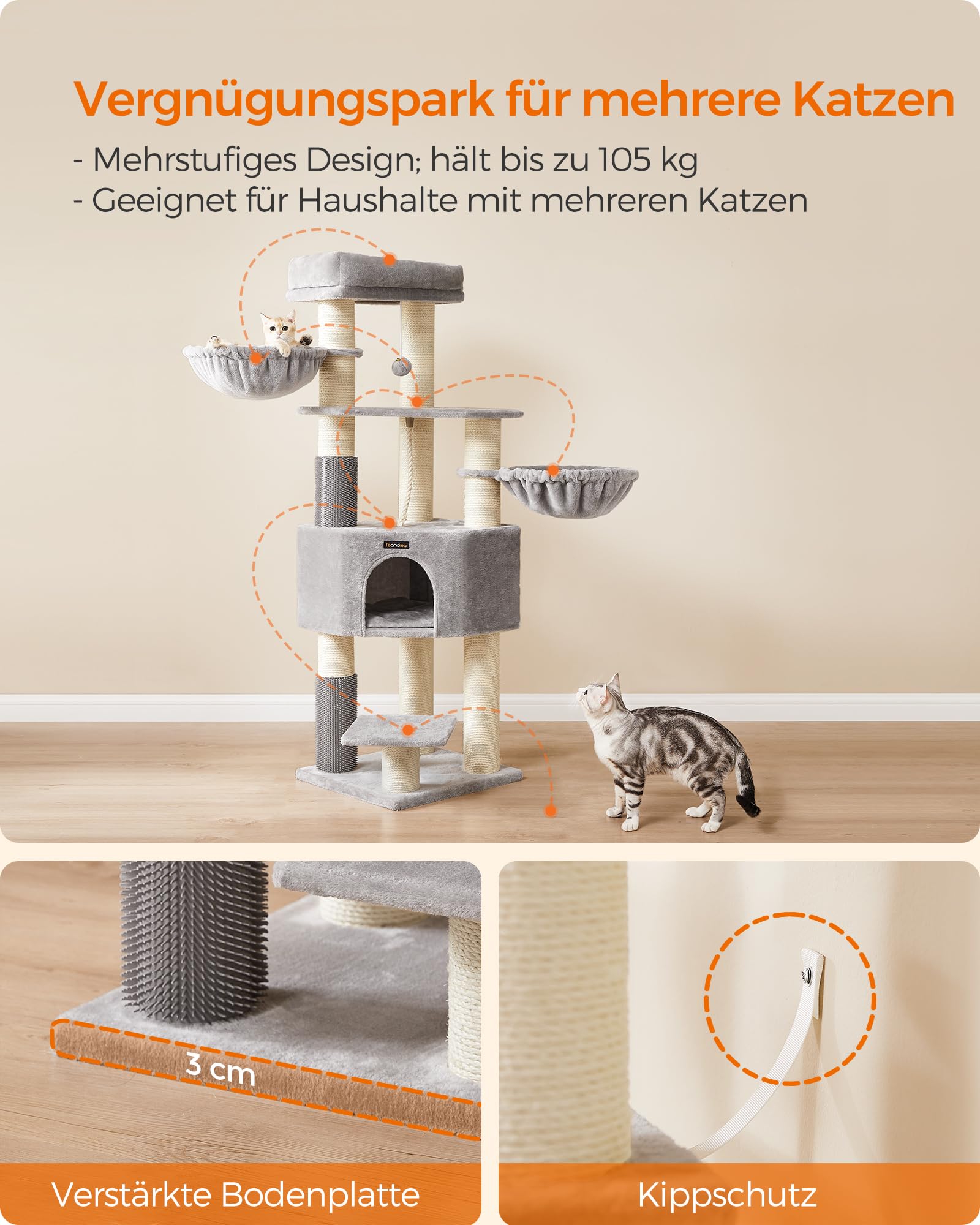Feandrea Kratzbaum, mit warmen Decken, für große Katze, Katzenbaum, 2 Katzenbürsten, 11,1 cm d Dicke Stämme, große Plattformen, Höhle, 50 x 50 x 160 cm, Taubengrau-schwarz PCT003W01