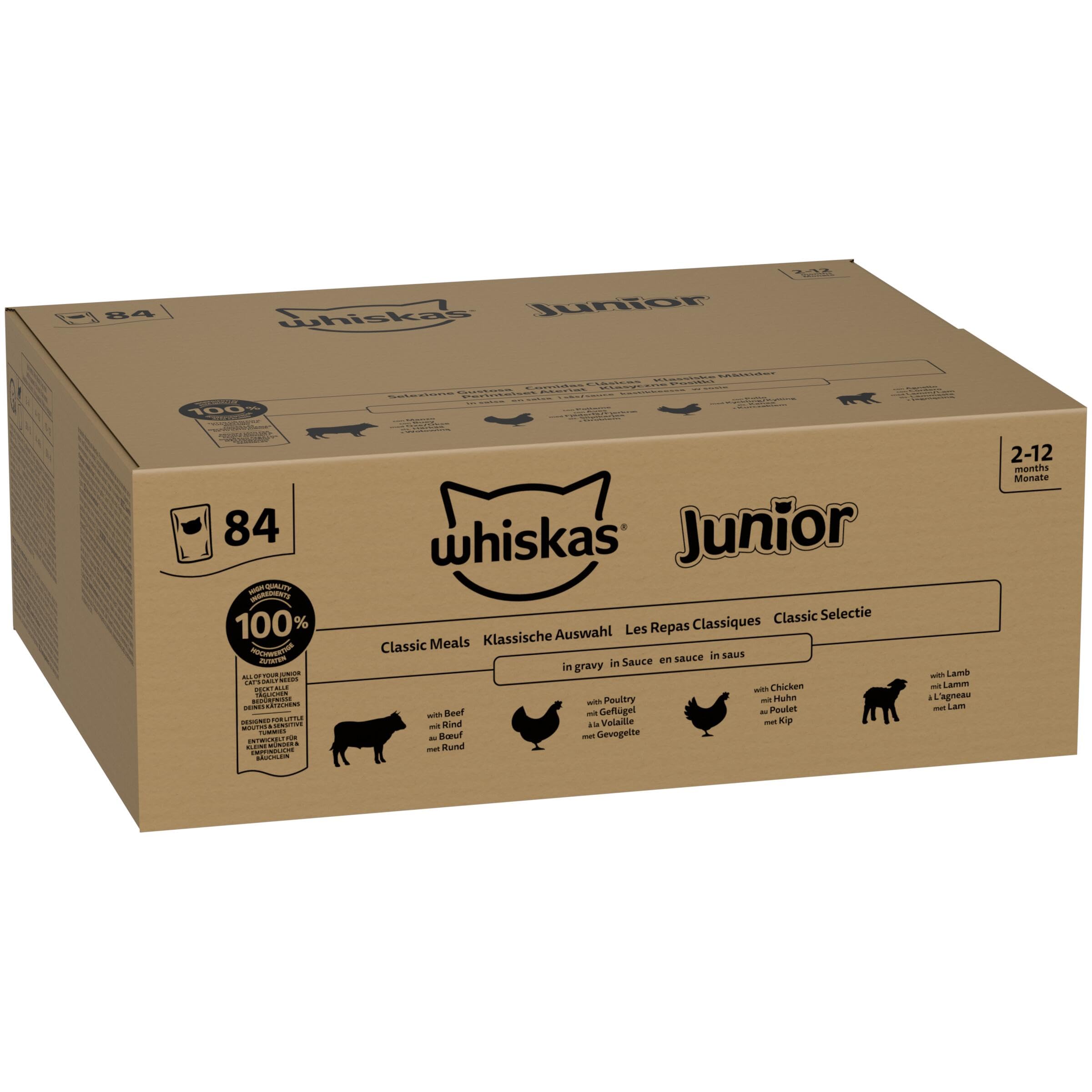Whiskas Junior Katzennassfutter Klassische Auswahl in Sauce, 48 Portionsbeutel, 12x85g (4er Pack) – Hochwertiges Katzenfutter nass, für heranwachsende Katzen von 2 bis 12 Monaten