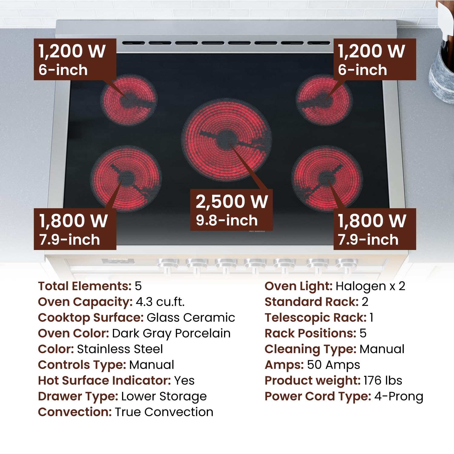 Rangaire RRE361TS 36" Electric Range Oven with Timer - Stainless Steel, Infrared Stove Burners, True Convection, Easy Reach Racks