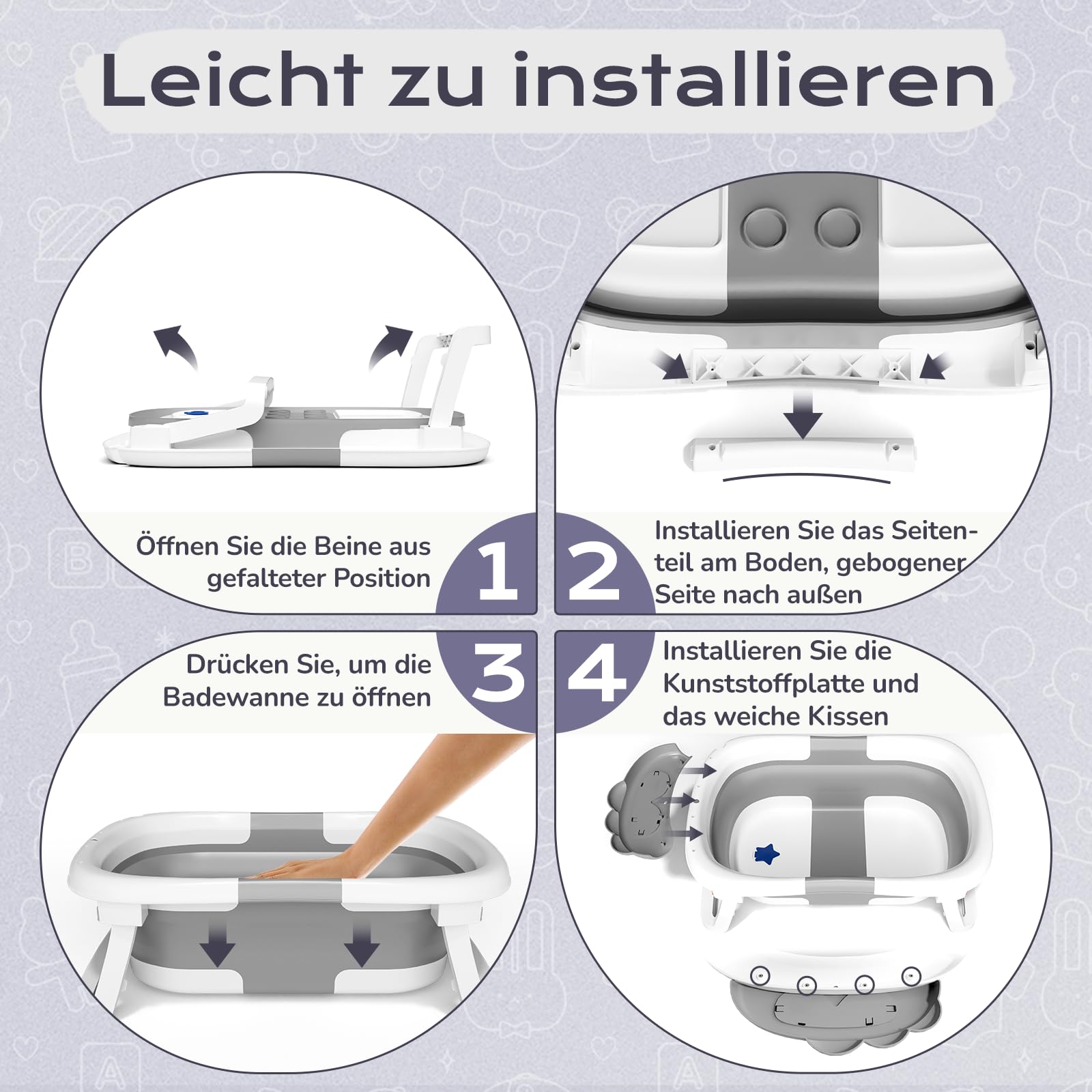 COOSEYA Baby Badewanne für 0-18 Monate, Faltbare Babywanne mit Babybadewanne Stützkissen, Portable Baby Bathtub als Wesentliche Artikel für Neugeborene und Kleinkind, Dinosaurier - Design (Grau)