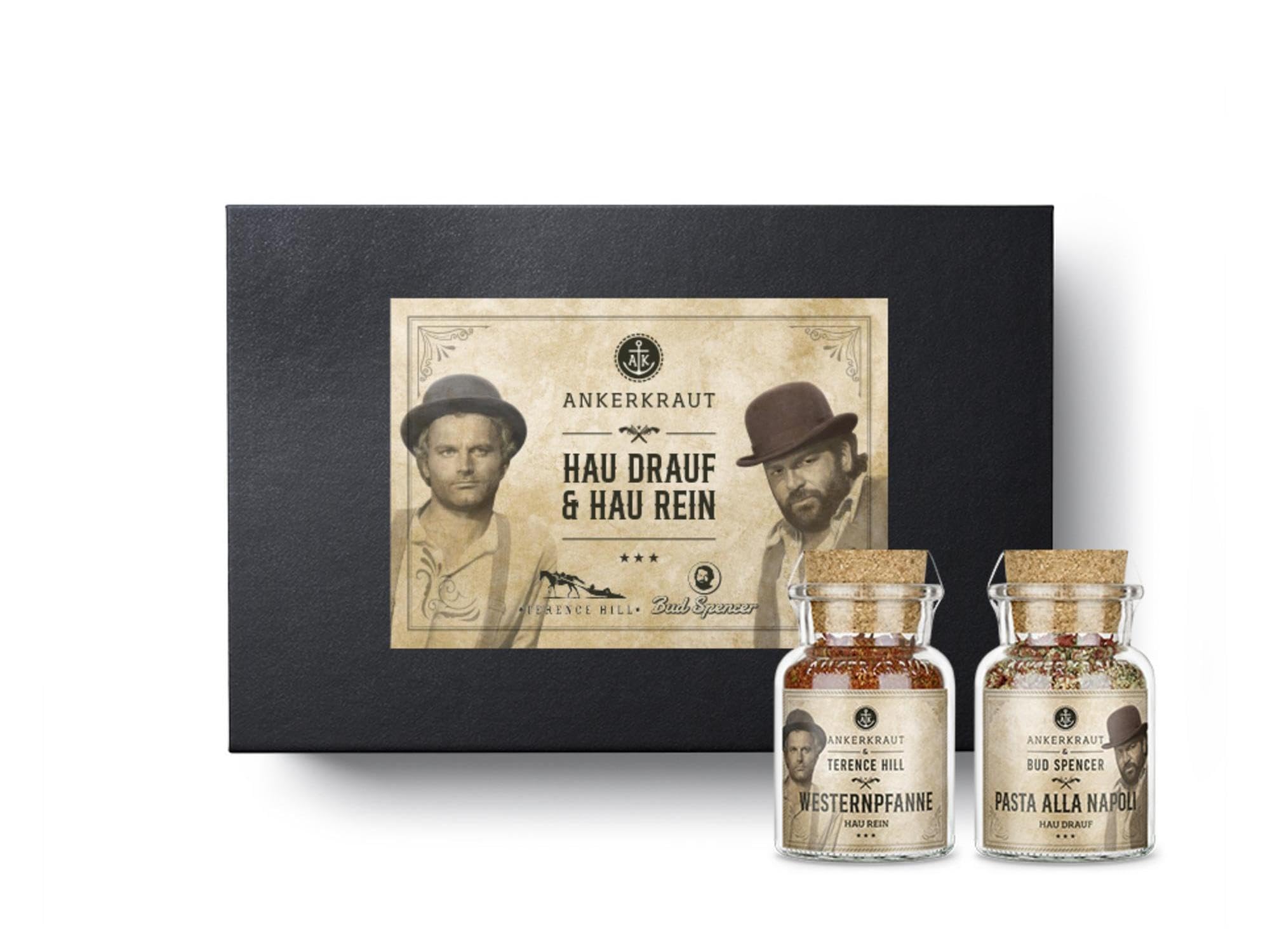 Ankerkraut Bud Spencer & Terence Hill Bagaluten Gewürz-Box, mit Westernpfanne und Pasta alla Napoli, Geschenk-Set, lecker kochen, 195 g Gewürze Inhalt