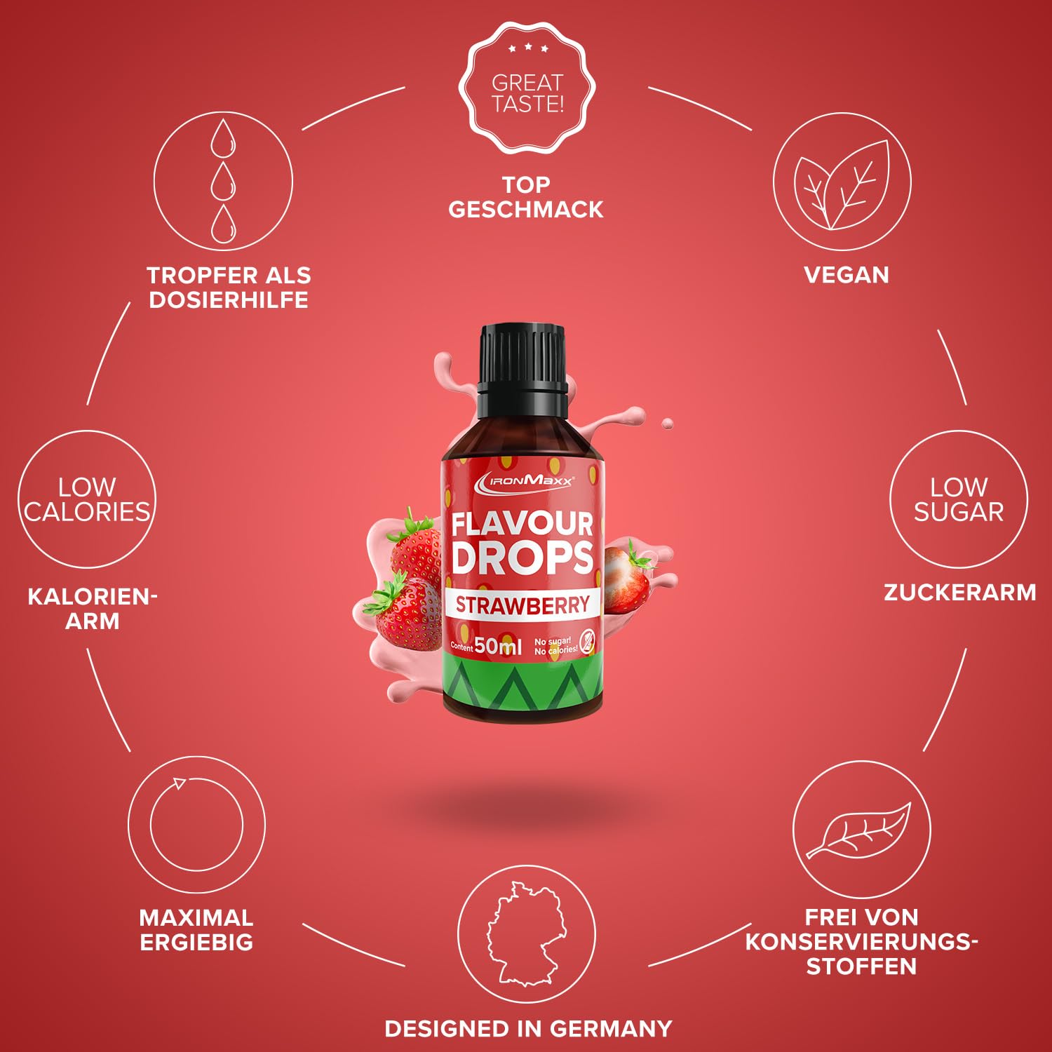 IronMaxx Flavour Drops - Vanilla 50ml | kalorienfrei & zuckerfrei | vegane Aromatropfen zum süßen von Lebensmitteln | praktischer Tropfer-Verschluss
