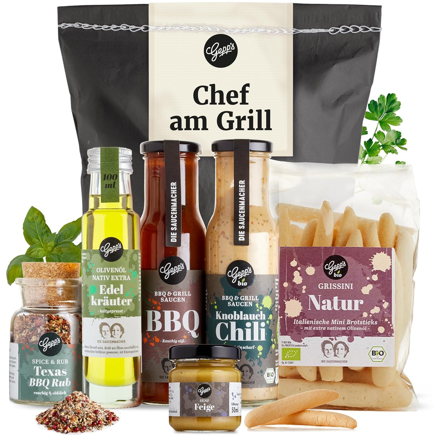 Gepp’s Feinkost Herrenhandtasche I Lustiges Männergeschenk gefüllt mit Delikatessen wie Knoblauch-Chili-Sauce, Edelkräuter-Olivenöl, Texas BBQ Rub I Geschenkidee für Männer