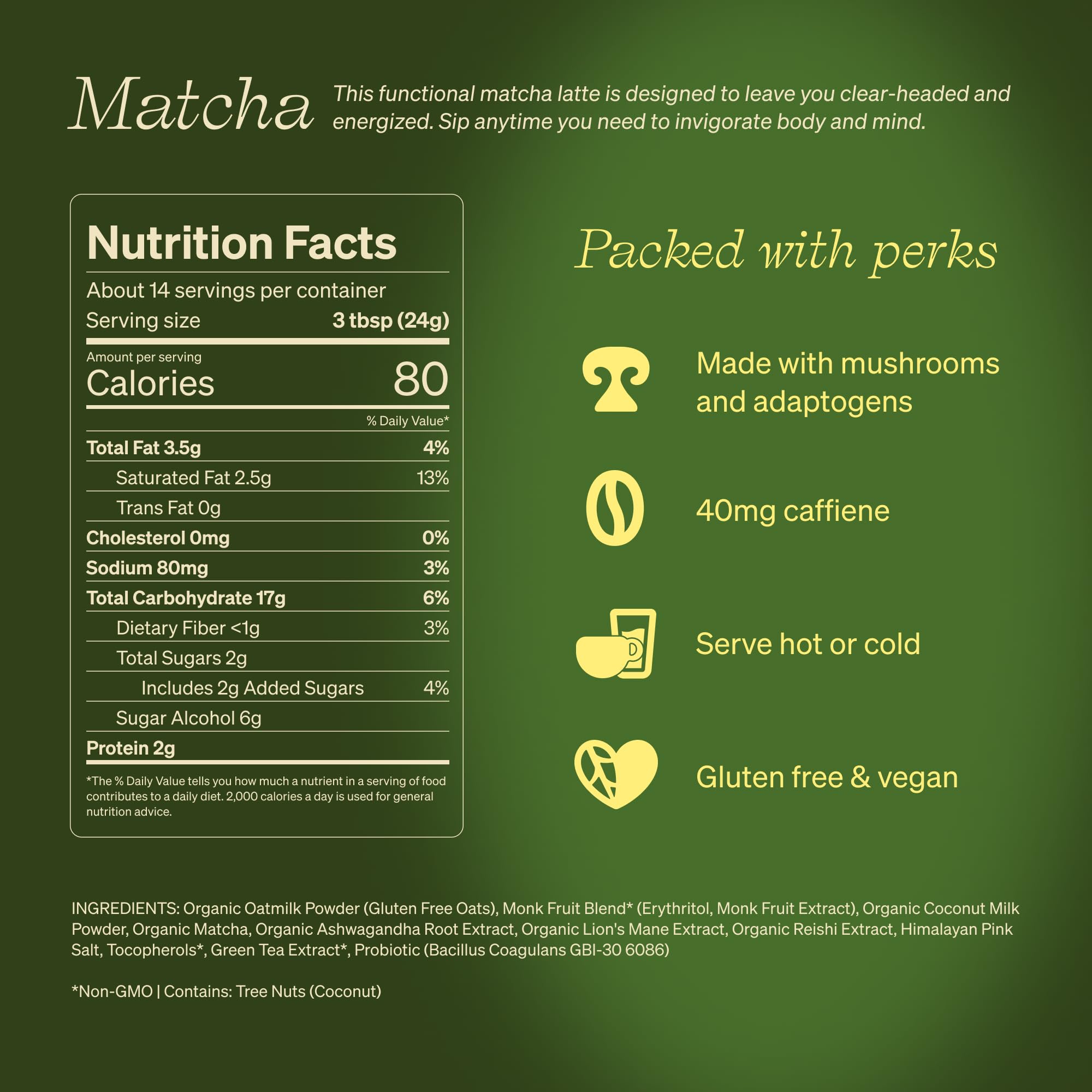 Clevr Organic Matcha Green Tea Latte, Instant Ceremonial Grade, Superfood Powder Blend with Oat Milk, Lions Mane, Reishi Mushroom, Coconut Cream, Ashwagandha, Serve Hot or Iced, (14 Lattes)