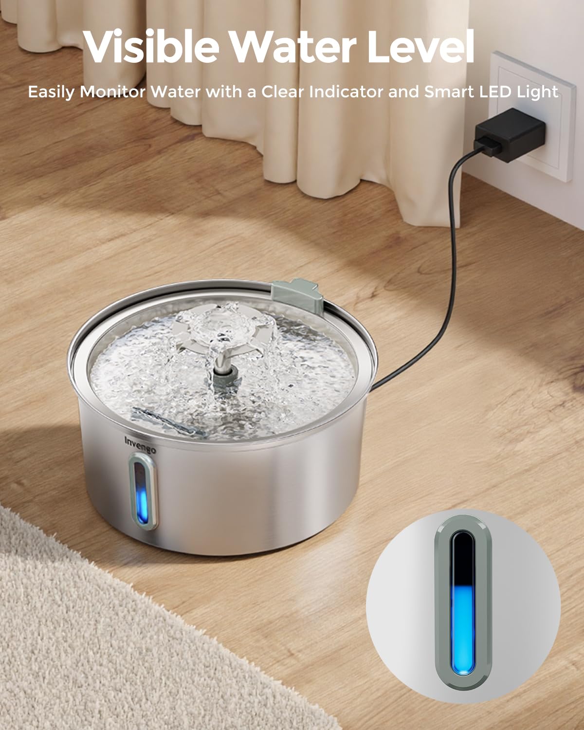 Invengo MeowFlow B30 Trinkbrunnen für Katzen, 2,2L Edelstahl-Haustierbrunnen mit sichtbarem Wasserfenster, einfach zu reinigen und installieren, inkl. 4 Ersatzfilter, spritzwassergeschütztes Design