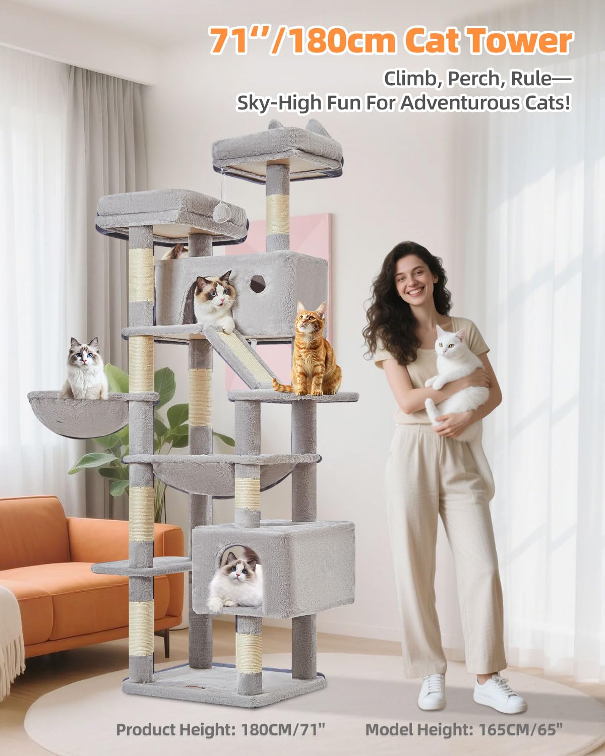 Taoqimiao 180CM Kratzbaum Groß, Katzenbaum Katzen Kratzbaum Grosse Katzen Stabil mit 2 Katzenhaus, Metallhängematte, Korb, 8 Kratzsäulen, Katzenkratztafel, MS026LM Beige