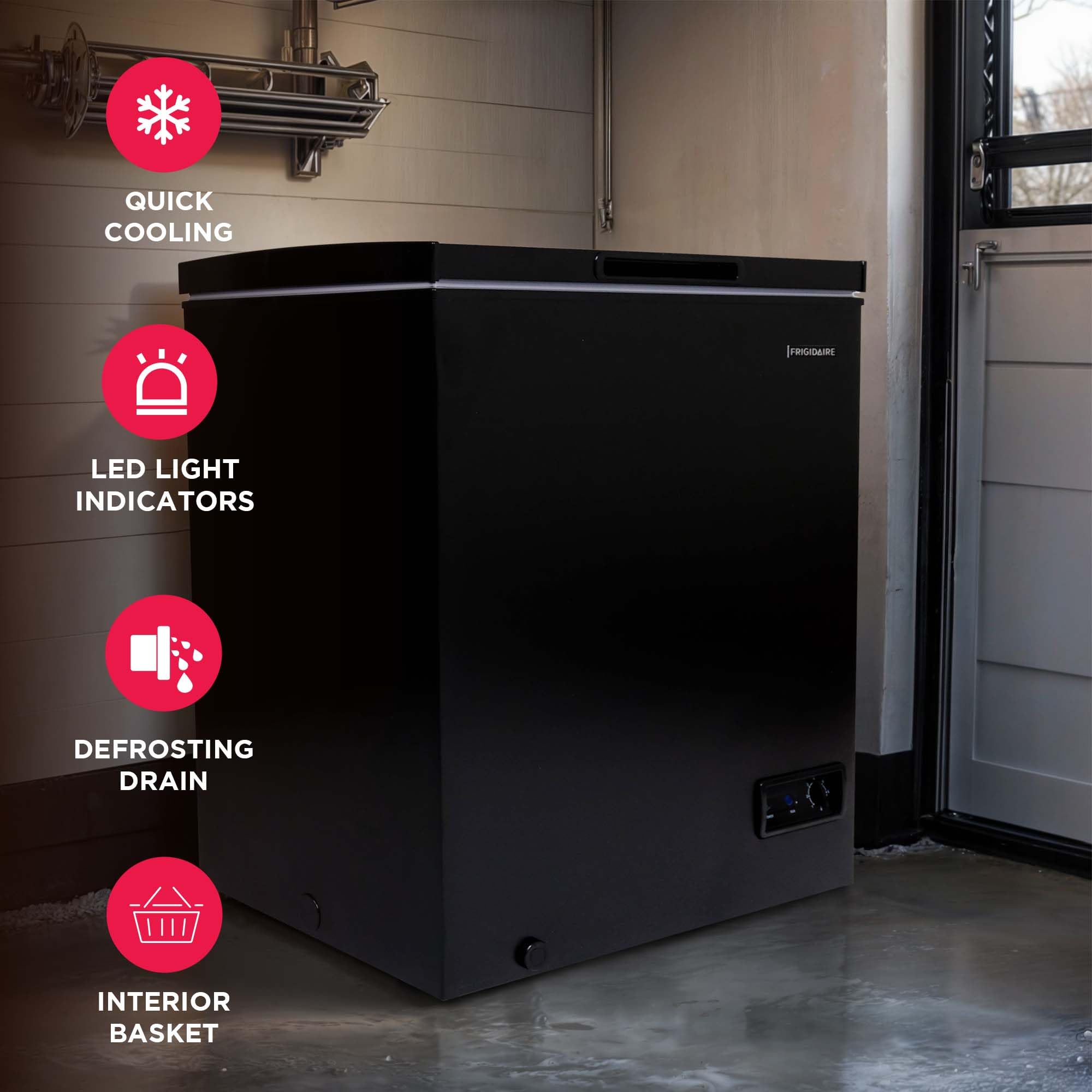 FRIGIDAIRE EFRF7003-BLACK Chest Deep Freezer, 7 Cu. Ft, Black Adjustable Thermostat-Removable Vinyl Coated Wire Basket-Easy Defrost Drain