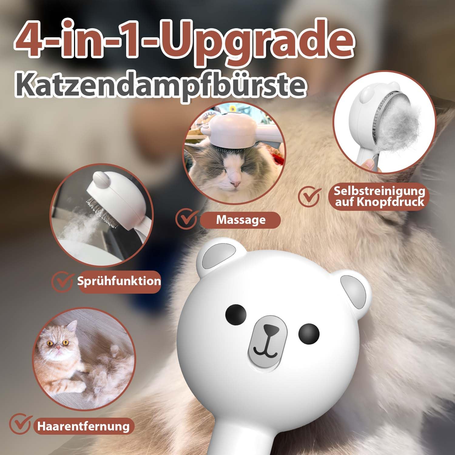 Katzenbürste mit Dampf & Auslöseknopf, Wiederaufladbar Dampfbürste von Katze Hunde, Spray Haustierhaar Bürste, Massage Steamer Kamm für Langhaar und Kurzhaar zum Entfernen Losem Fell und Schmutz