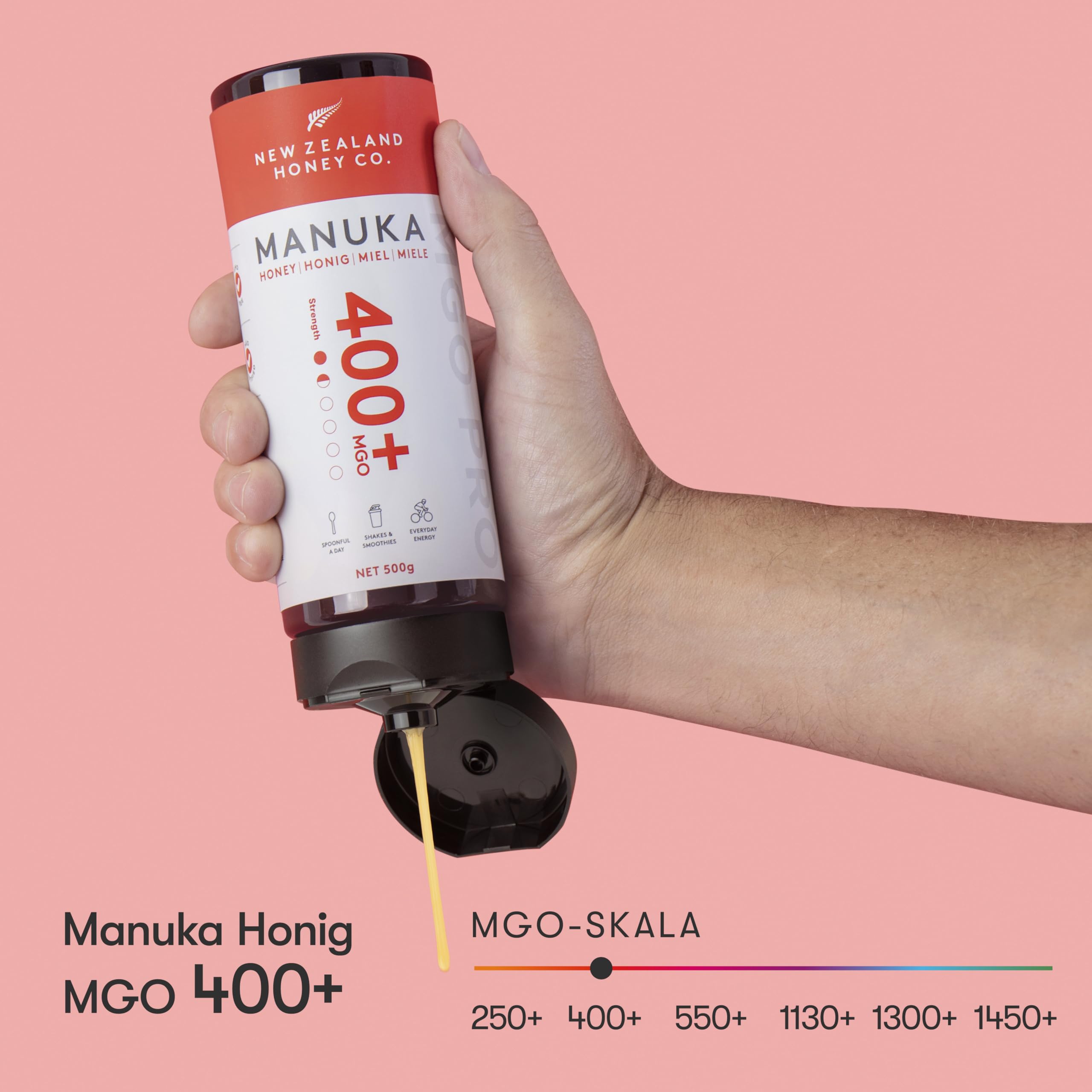 New Zealand Honey Co. Manuka Honig MGO 400+ | 500g Quetschflasche | Aktiv und Roh | Hergestellt in Neuseeland | Zertifiziertem Methylglyoxal Gehalt | 500g