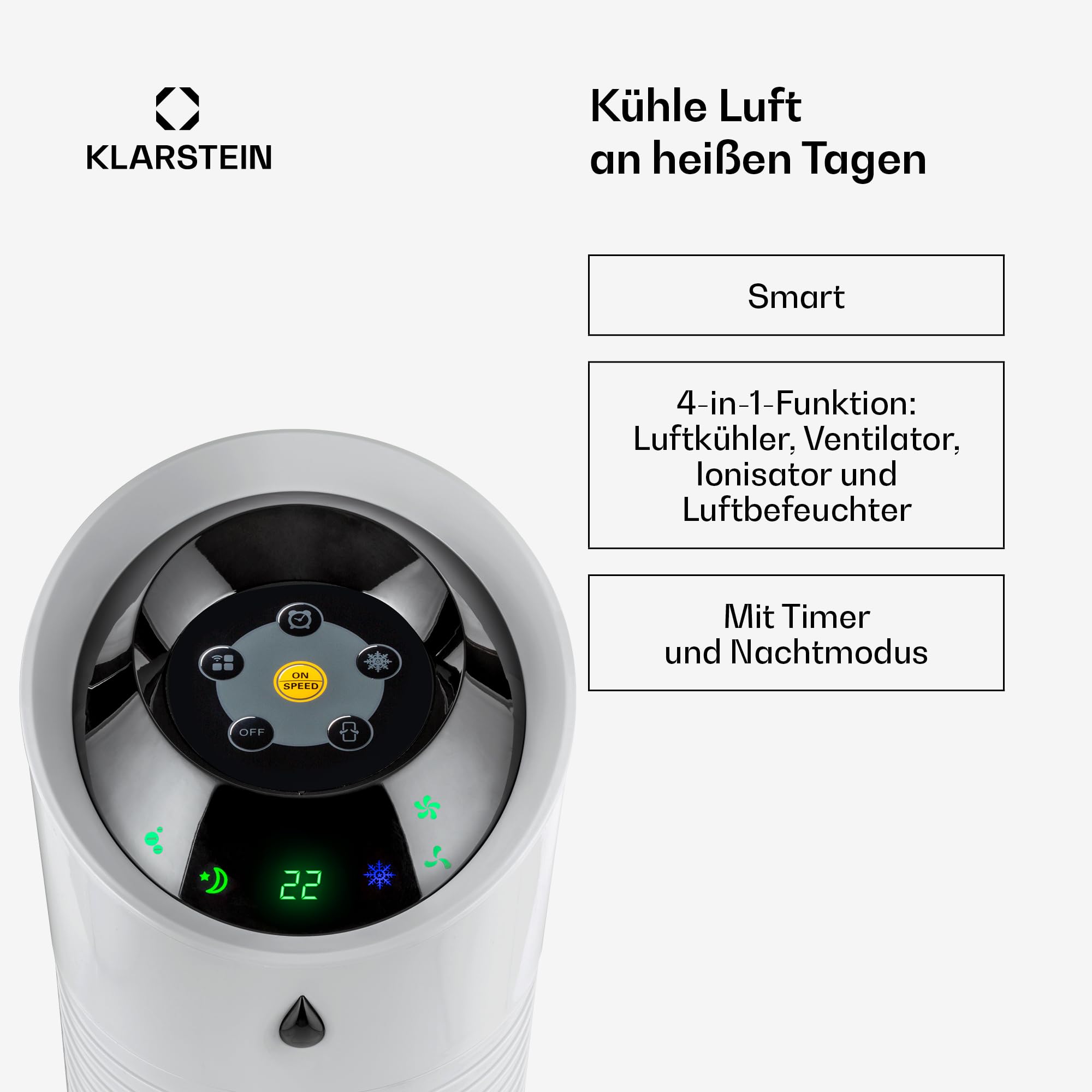 Klarstein Luftkühler mit Wasserkühlung, 5-in-1 Verdunstungskühler, Luftbefeuchter, Ventilator, Luftreiniger & Nachtmodus, Mobile Klimageräte Luftkühler 6L, 45 Watt Air Cooler, 180 m³/h Luftstrom