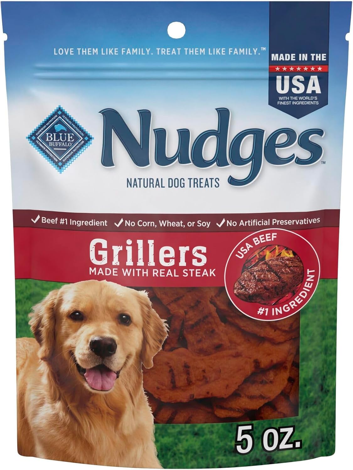 Blue Buffalo Nudges Grillers Natural Dog Treats, Made in the USA with Real Steak, 16-oz Bag