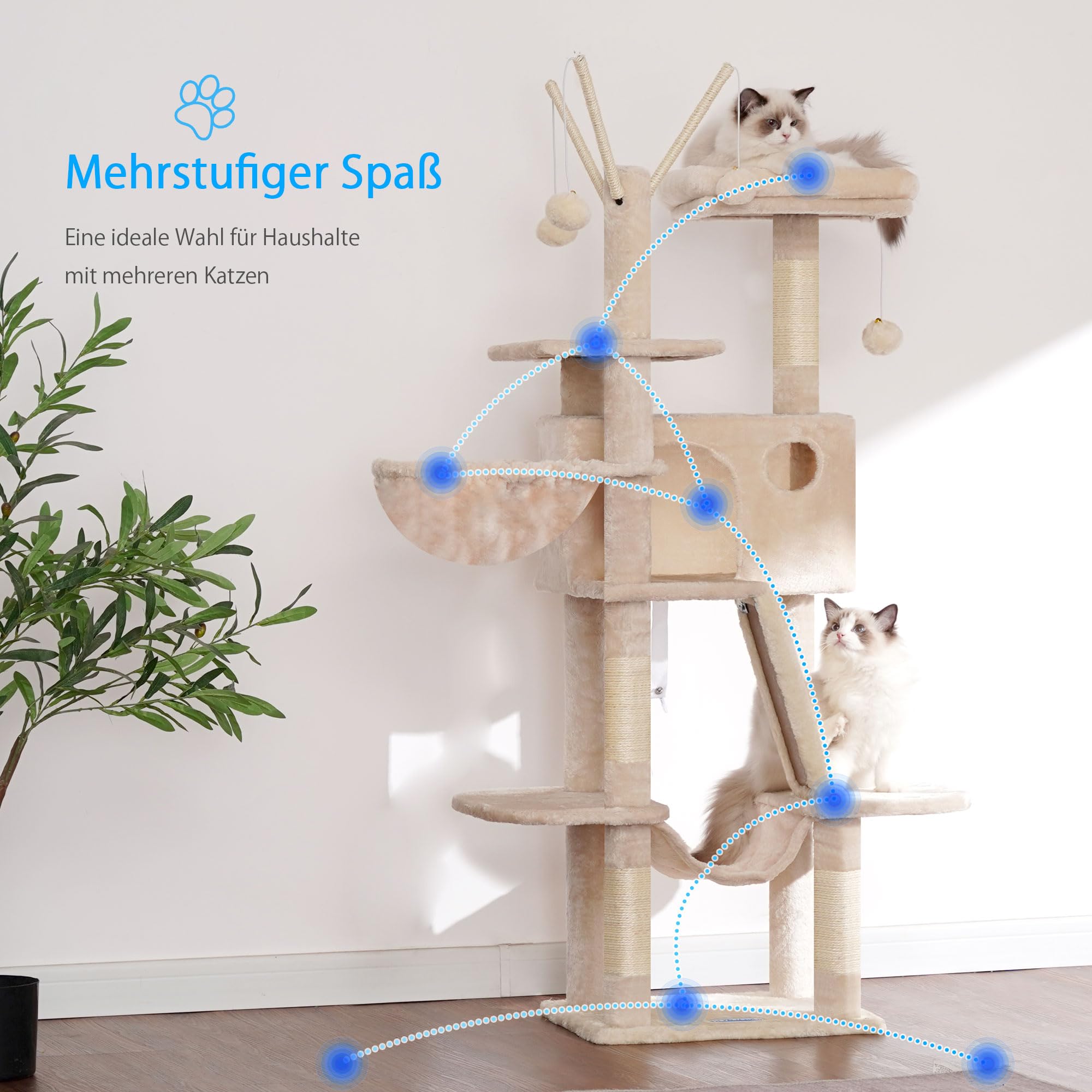 Hey-Brother Kratzbaum, 135 cm Indoor Katzenbaum, Mit gepolsterter Plattform Bett, Spielzeug Ball, Höhlen, Hängematte und Sisal Kratzbaum Katzenhaus, Hellgrau MPJ019-SW