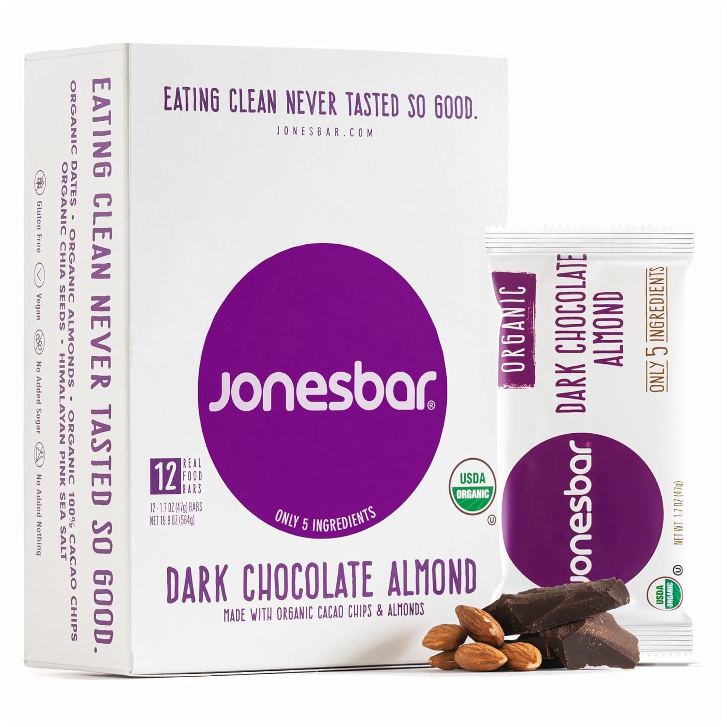 JONESBAR Organic Plant-Based Protein Bars | Peanut Butter and Jelly | Fruit & Nut Bar, Kosher, Gluten-Free, Breakfast Bars, School Snacks, Vegan Snack & Healthy Snacks for Adults and Kids (Pack of 12)