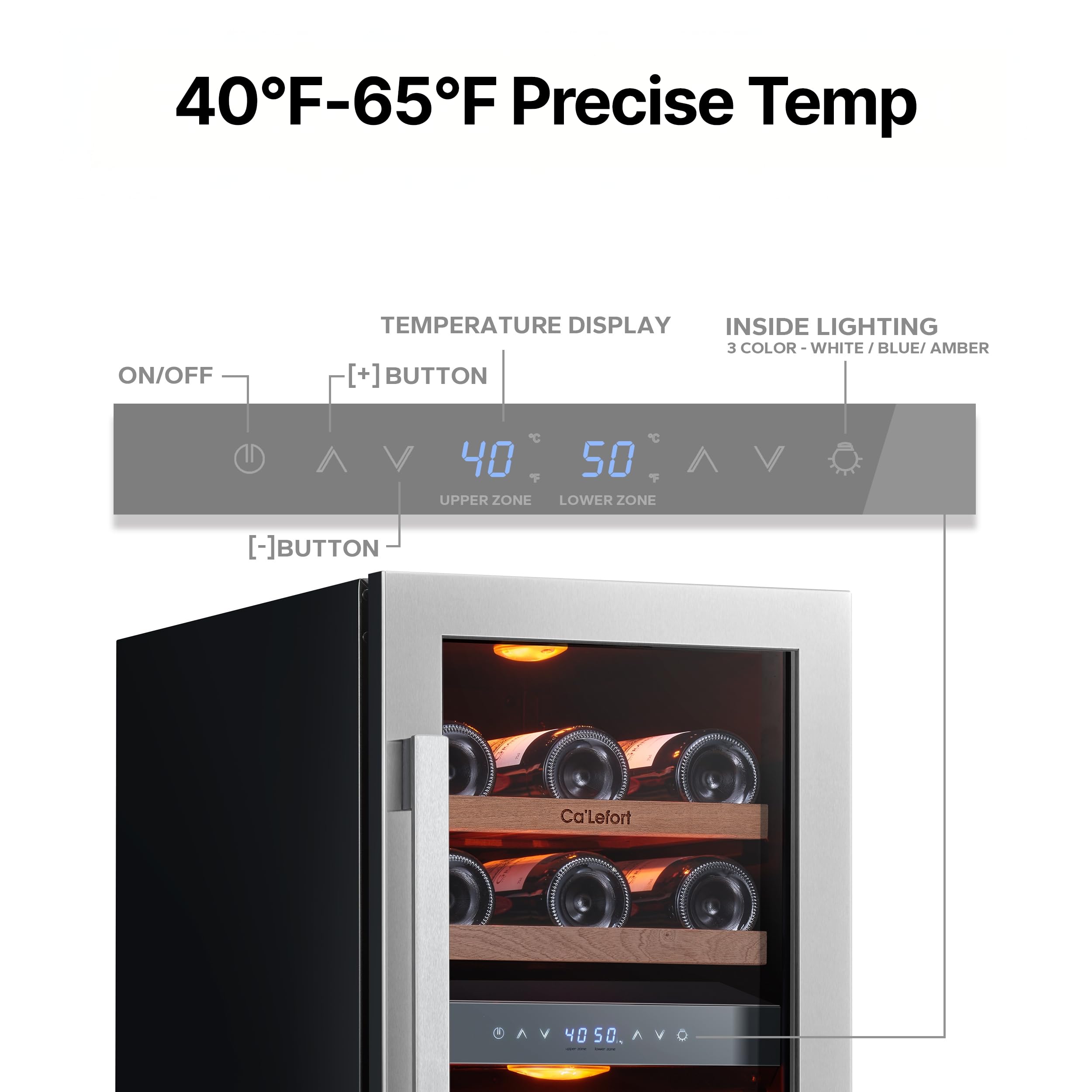 Ca'Lefort 15 Inch Wine Fridge, 33 Bottle Wine Cooler Refrigerator, 40-65°F Wine Refrigerator Glass Door, 3 LED Wine Fridge, Built-in or Freestanding Fridge for Home/Bar/Kitchen (3.0 cu.ft)