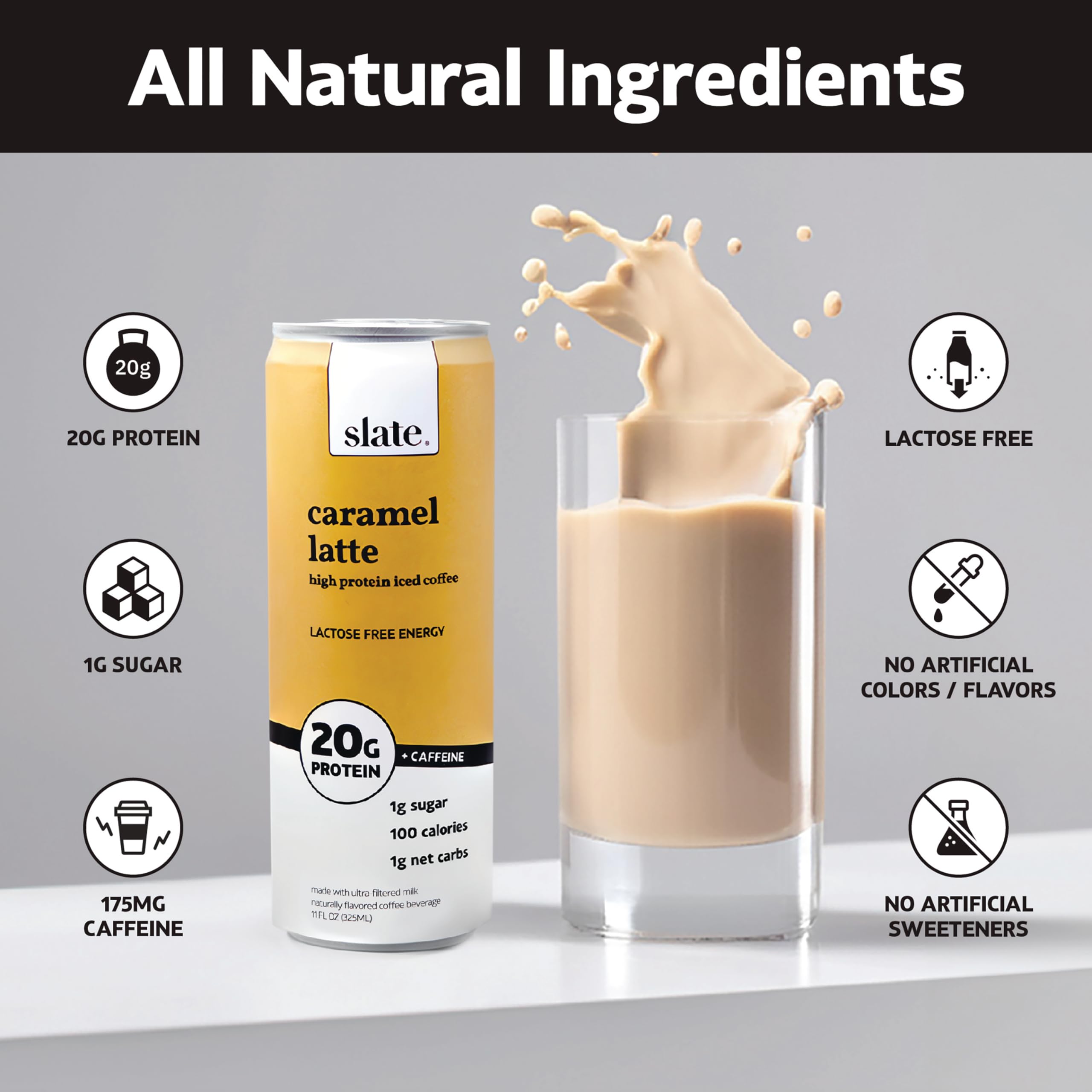 Slate Milk - High Protein Milkshake - French Vanilla - Lactose-Free, 20g Protein, 1g Sugar, 100 Calories, 1g Net Carbs, No Added Sugar - Natural, Breakfast Boost, Post Workout - 11 fl oz, 12 Cans