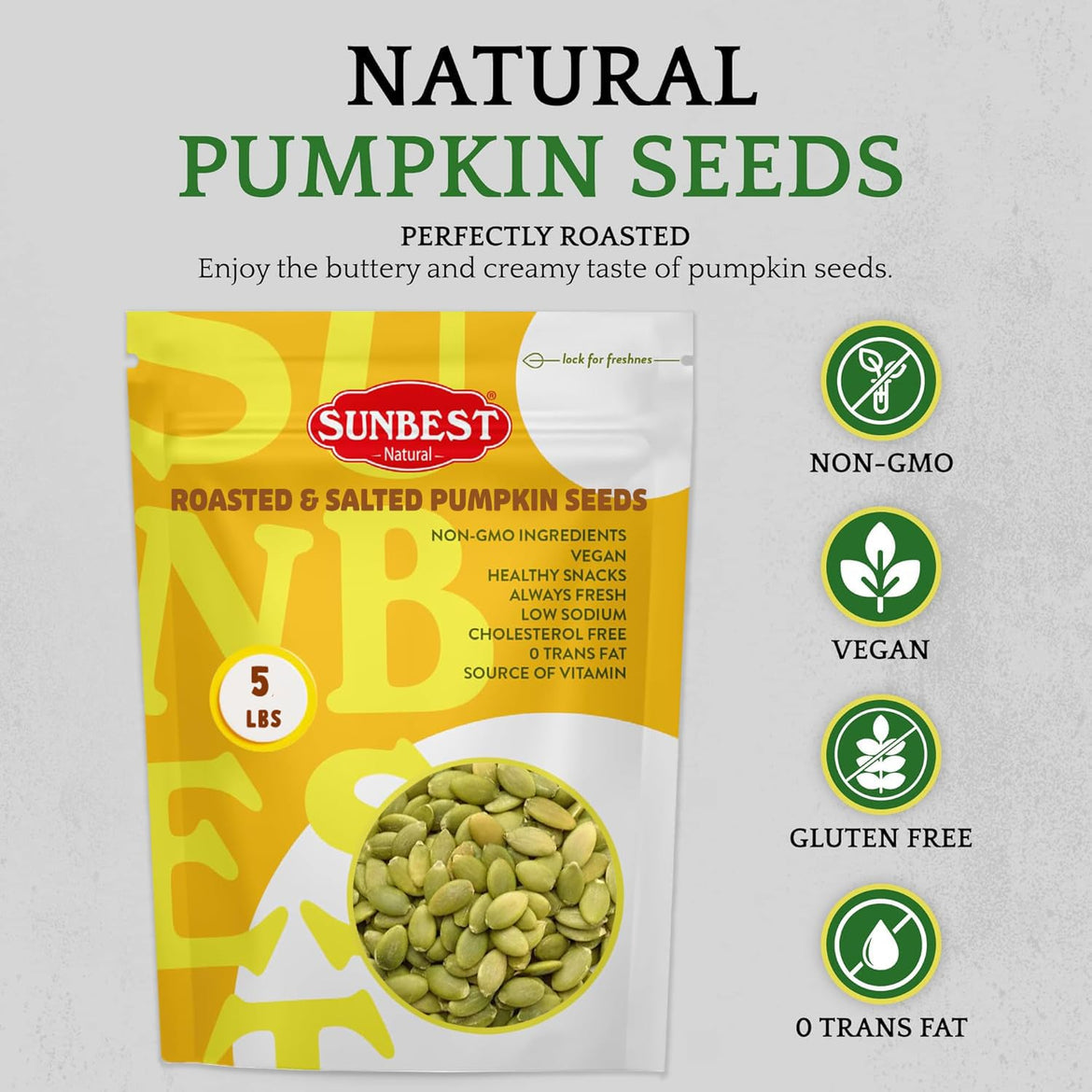 Sunbest Natural Roasted Pumpkin Seeds – 5 lb Bulk Bag – Shelled Pumpkin Seeds, Roasted Salted Pepitas – Fresh, Nutrient-Rich, Non-GMO, Vegan, Kosher – Perfect for Snacking, Cooking & Baking