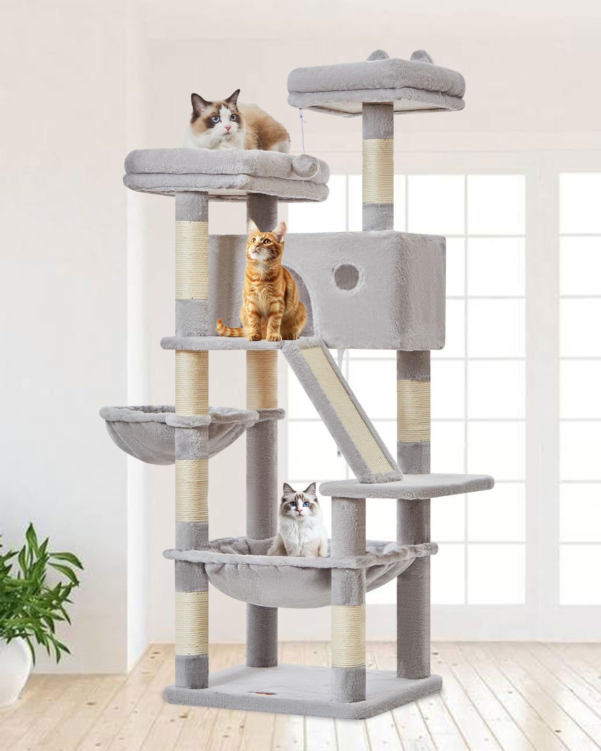 Taoqimiao 180CM Kratzbaum Groß, Katzenbaum Katzen Kratzbaum Grosse Katzen Stabil mit 2 Katzenhaus, Metallhängematte, Korb, 8 Kratzsäulen, Katzenkratztafel, MS026LM Beige