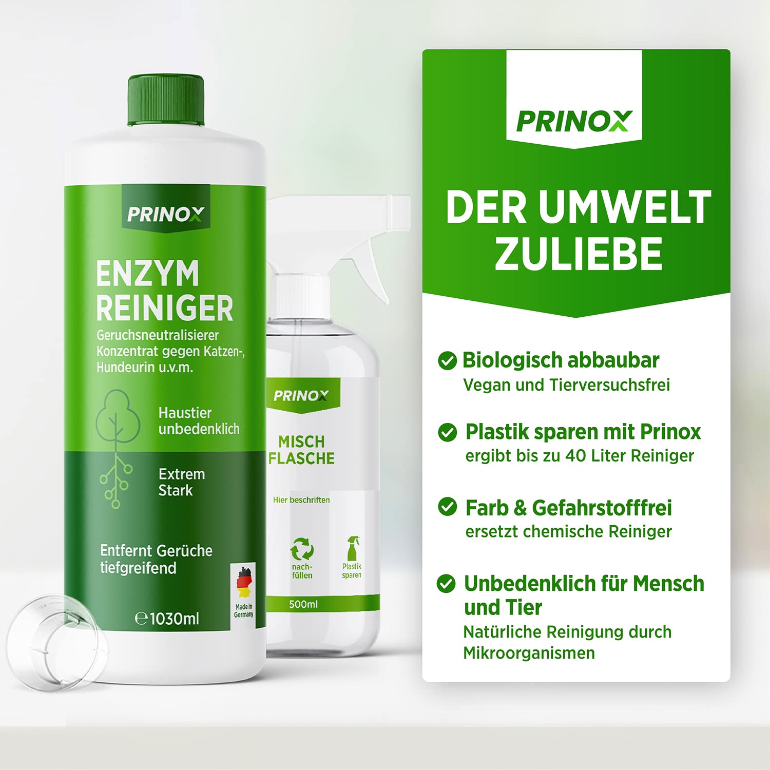 Enzymreiniger Konzentrat 1030ml XXL SET inkl. Mischflasche - STARKER GERUCHSENTFERNER - Ergibt bis zu 40L Geruchsneutralisierer - Beseitigt Hundeurin, Katzenurin Geruch tiefgreifend uvm. I Made in DE