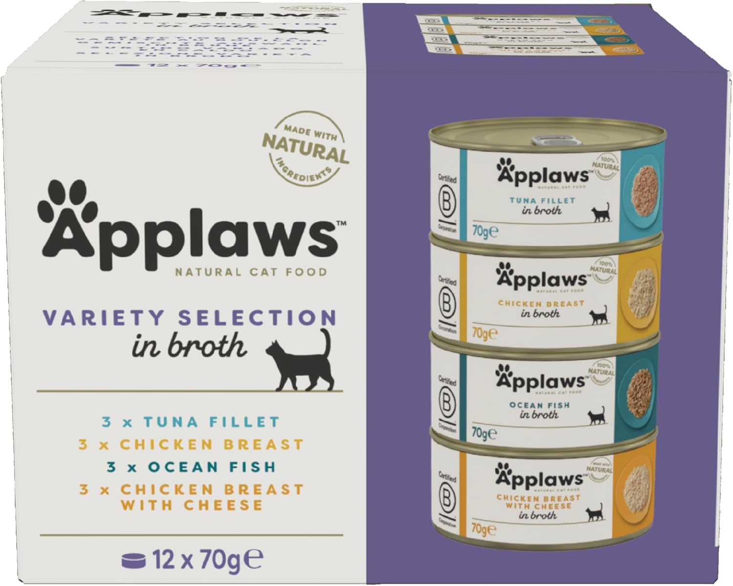Applaws 100% Natural Thunfischfilet Nassfutter in Brühe für ausgewachsene Katzen - 24 x 70g Dosen
