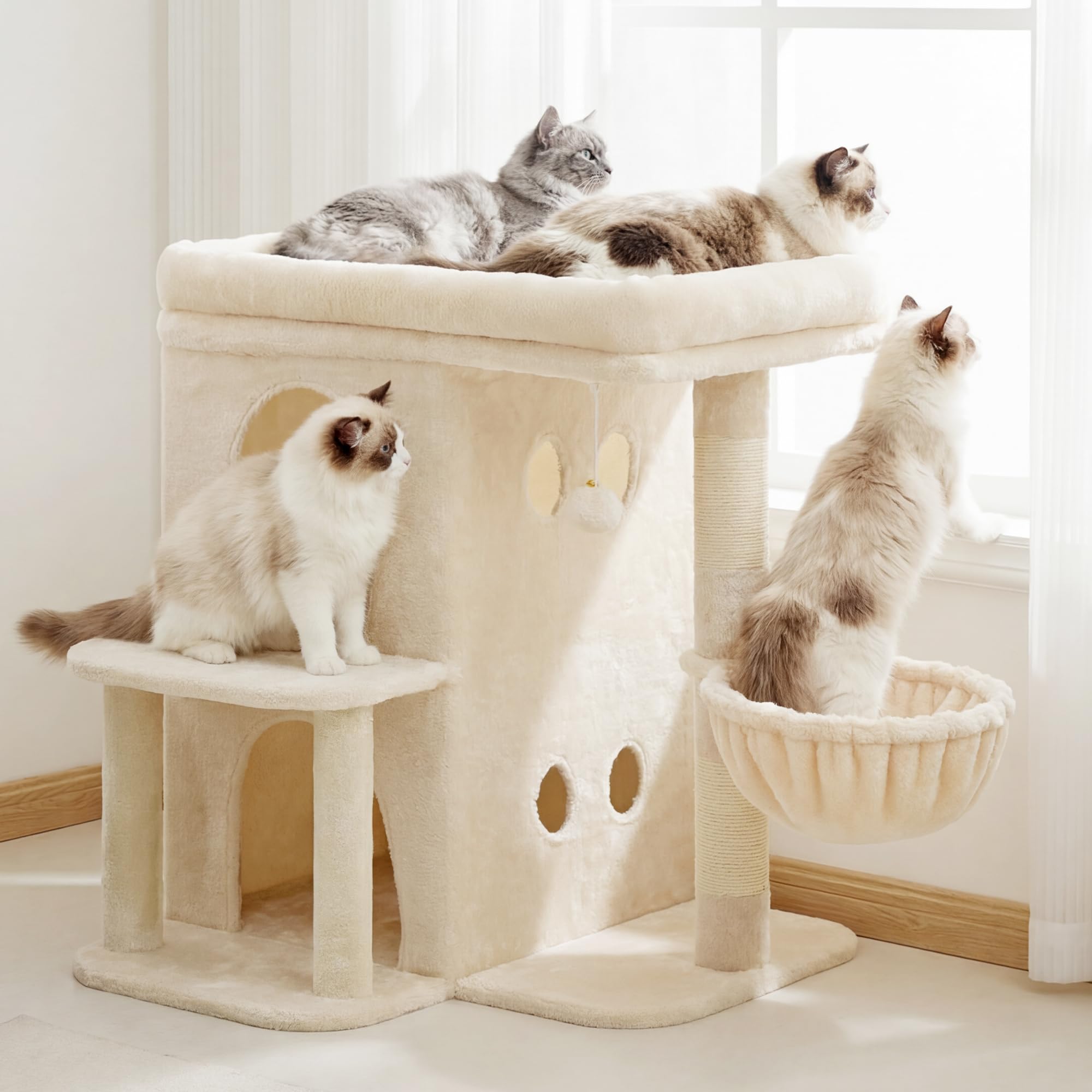 Heybly Kratzbaum, 65 cm Hoher Katzenbaum mit Extra-Großer Plattform, Gestuftes Katzenmöbel mit Doppelhaus, Inklusive Sisal-Kratzsäule, Katzenkorb und Spielzeug für Katzen, Hellgrau HCT204SW
