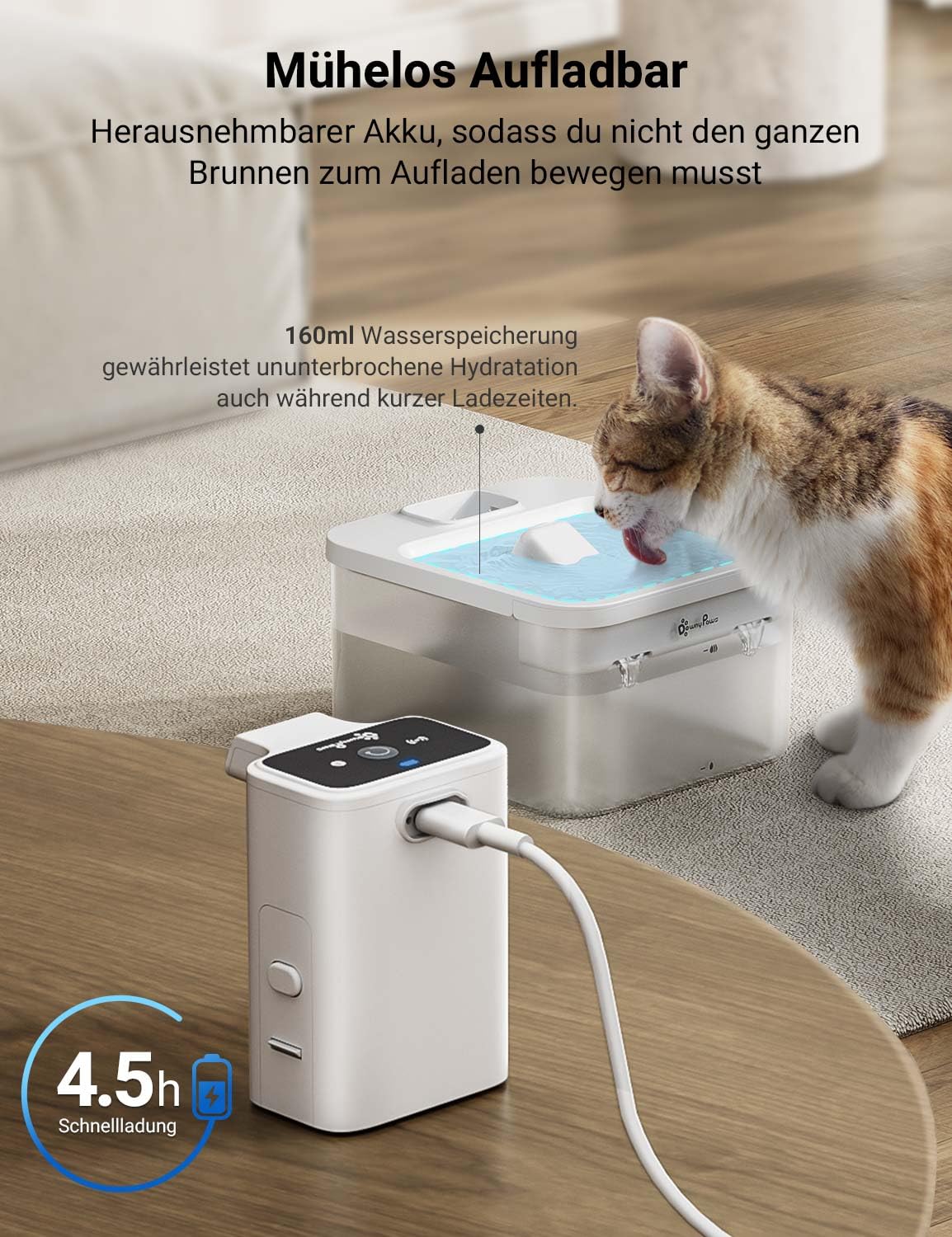 DownyPaws 2.5L Trinkbrunnen für Katze Kabellos, Katzenbrunnen Kabellos mit Bewegungsmelder, Batteriebetrieben Katzentrinkbrunnen, 4000mAh, Leise Wasserpumpe, Tablett aus Edelstahl für Katze, Schwarz
