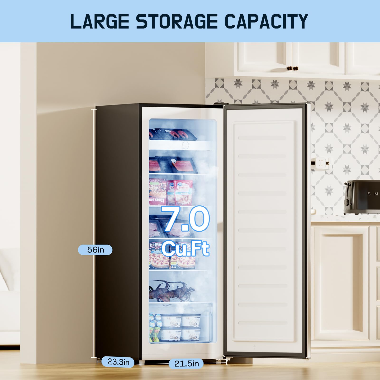 Upstreman 7.0 Cu.Ft Upright Freezer, Large Capacity Stand Up Freezer with 5 Adjustable Shelves, Convertible Refrigerator/Freezer, Reversible Door for Home, Basement, Apartment (White)