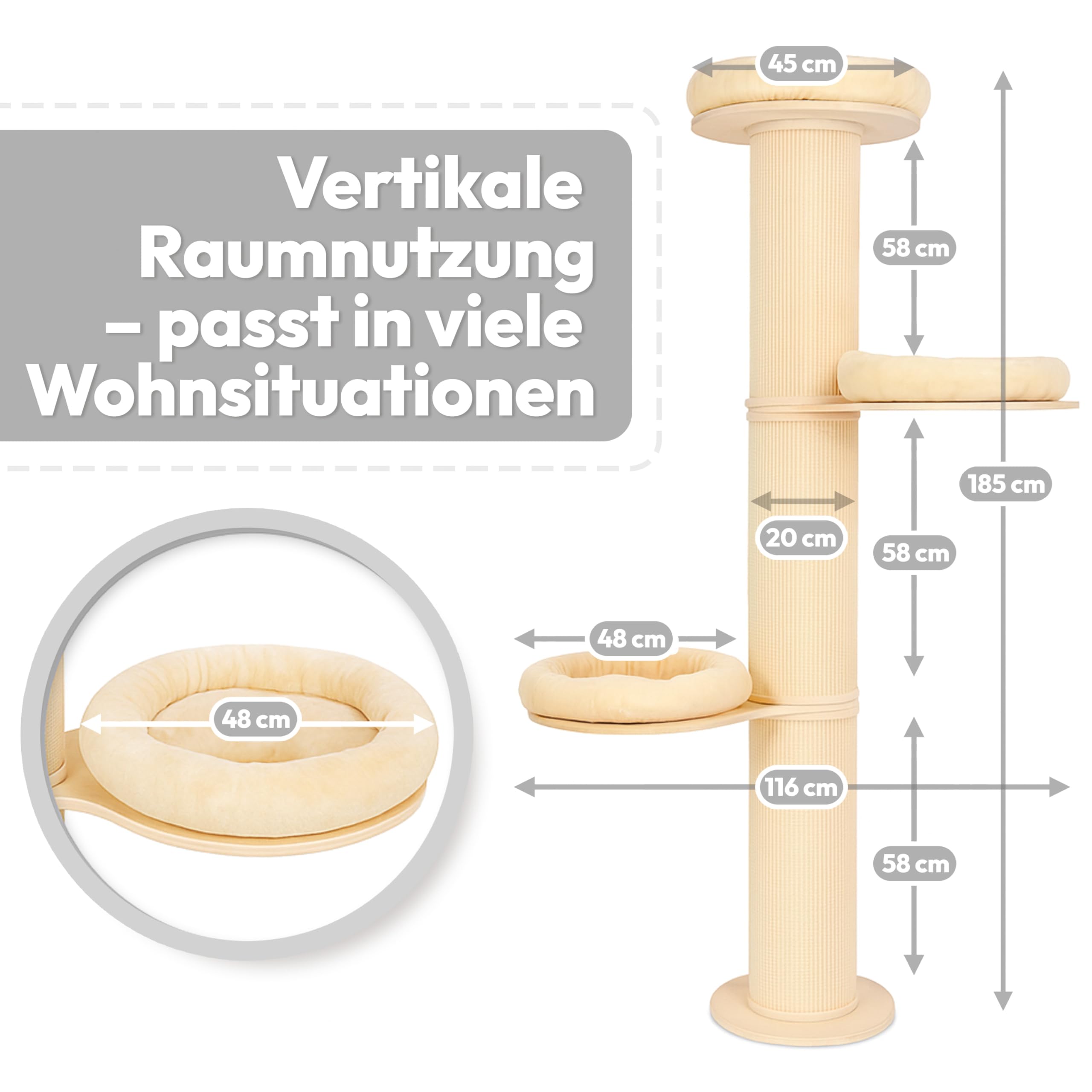 Kratzbaum wandmontiert 185 cm hoch, XXL Katzenbaum Premium Sisal Säulen, 3 Plattformen Kissen abnehmbar & waschbar I Stabiler & Platzsparender Katzenkratzbaum, Grau