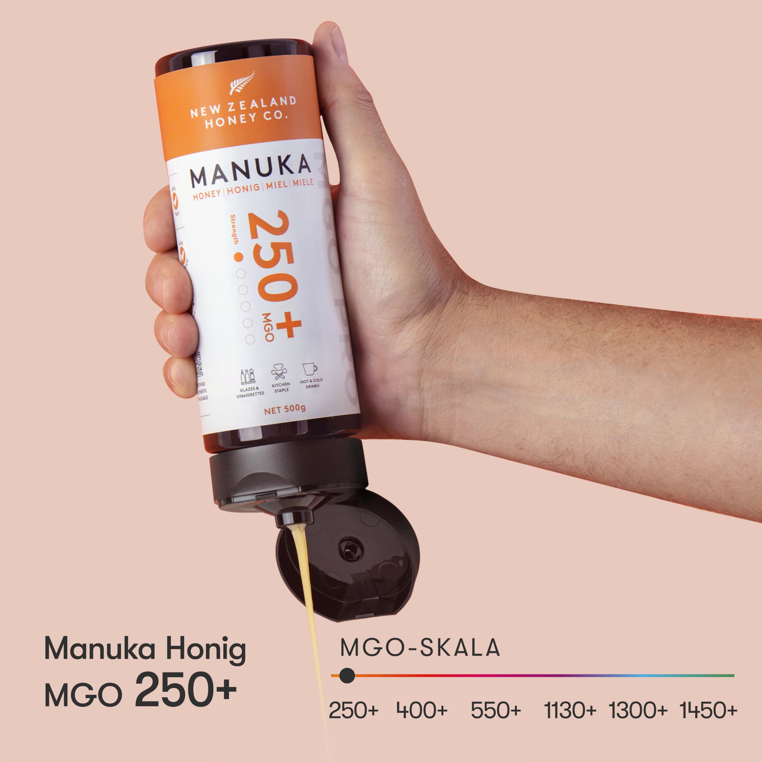 New Zealand Honey Co. Manuka Honig MGO 400+ | 500g Quetschflasche | Aktiv und Roh | Hergestellt in Neuseeland | Zertifiziertem Methylglyoxal Gehalt | 500g