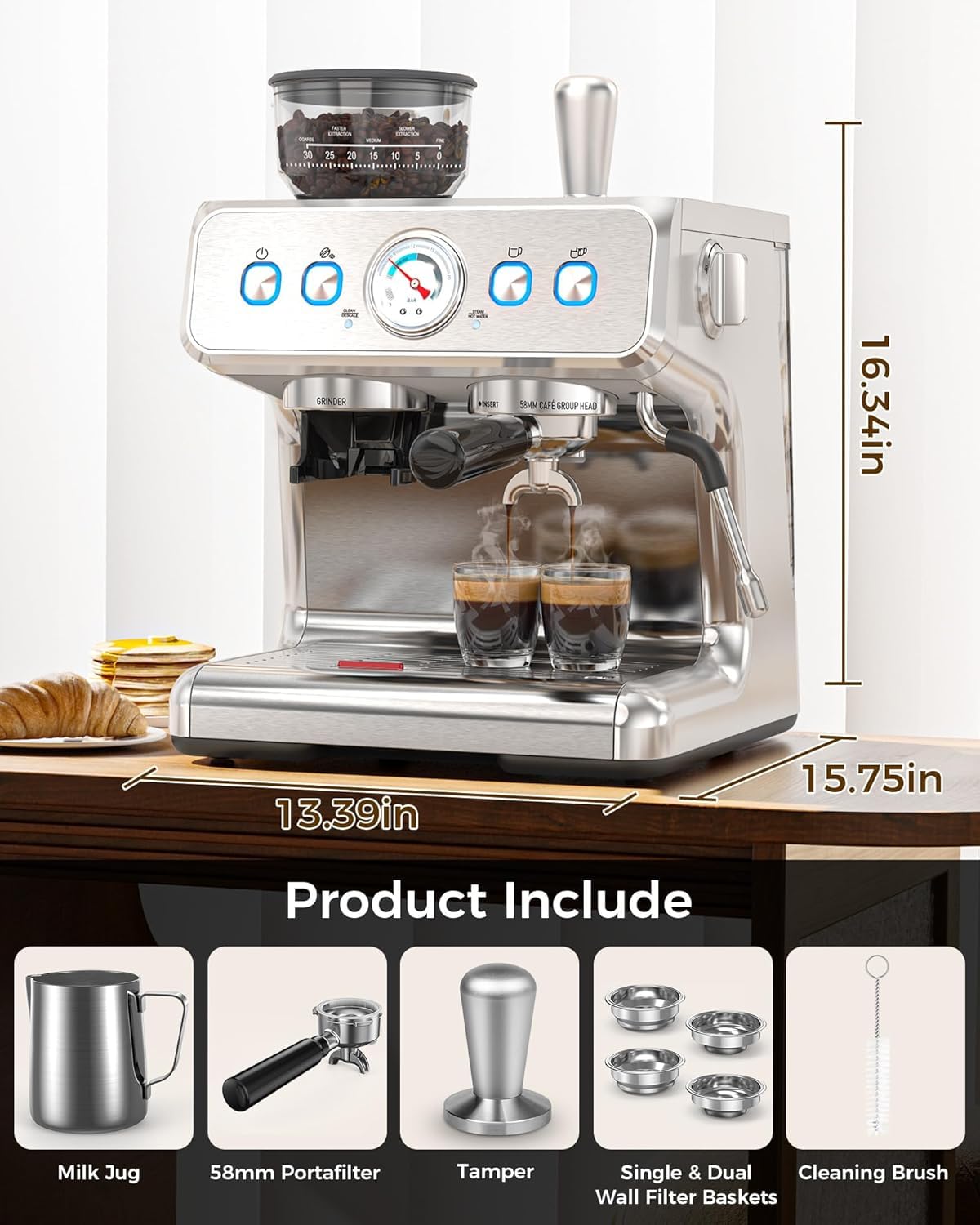 COWSAR 20 Bar Espresso Machine with Grinder & Milk Frother Steam Wand, 58mm Expresso Coffee machines, Commercial Stainless Steel Coffee Maker for Cappuccino and Latte, Perfect for Home Café-Pro