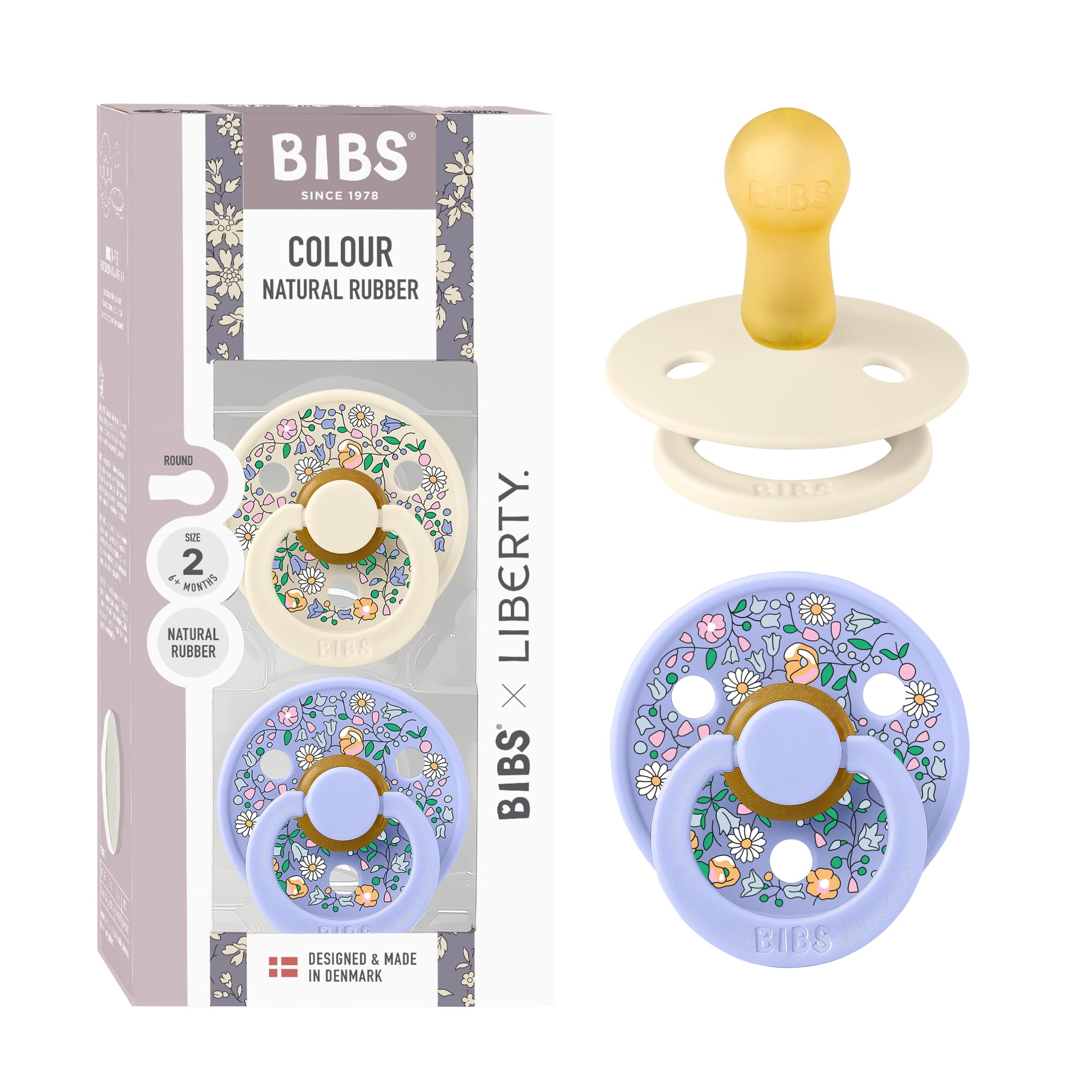 BIBS Colour Liberty Schnuller 2er-Pack, BPA-frei, Kirschform Nippel. Naturkautschuk/Latex, Hergestellt in Dänemark, Größe 2 (6-18 Monate), Chamomile Lawn Violet Sky