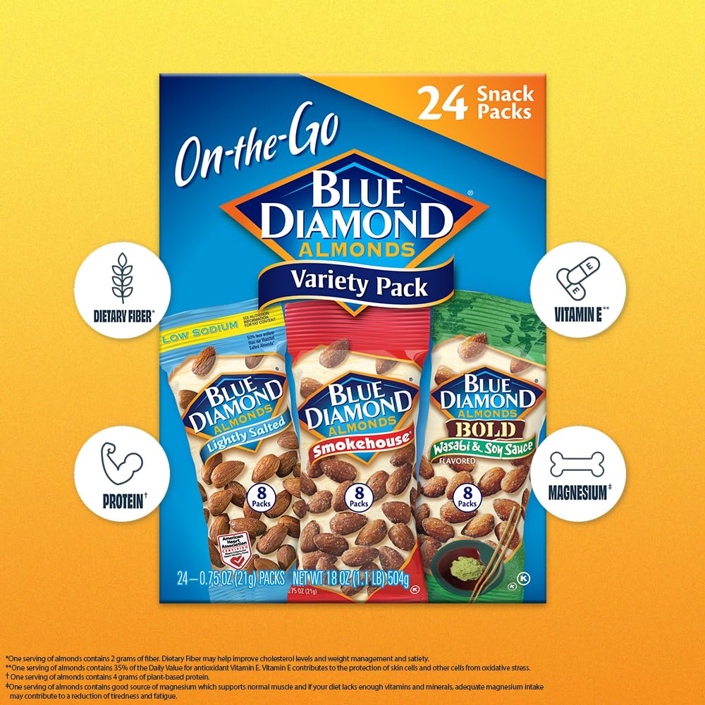 Blue Diamond Almonds Snack Nut Variety Pack for Kids, Office, School, On-the-go, 0.75 oz Gluten Free Individual Packs, Wasabi & Soy Sauce, Lightly Salted, and Smokehouse (Pack of 1, 24 Count Total)