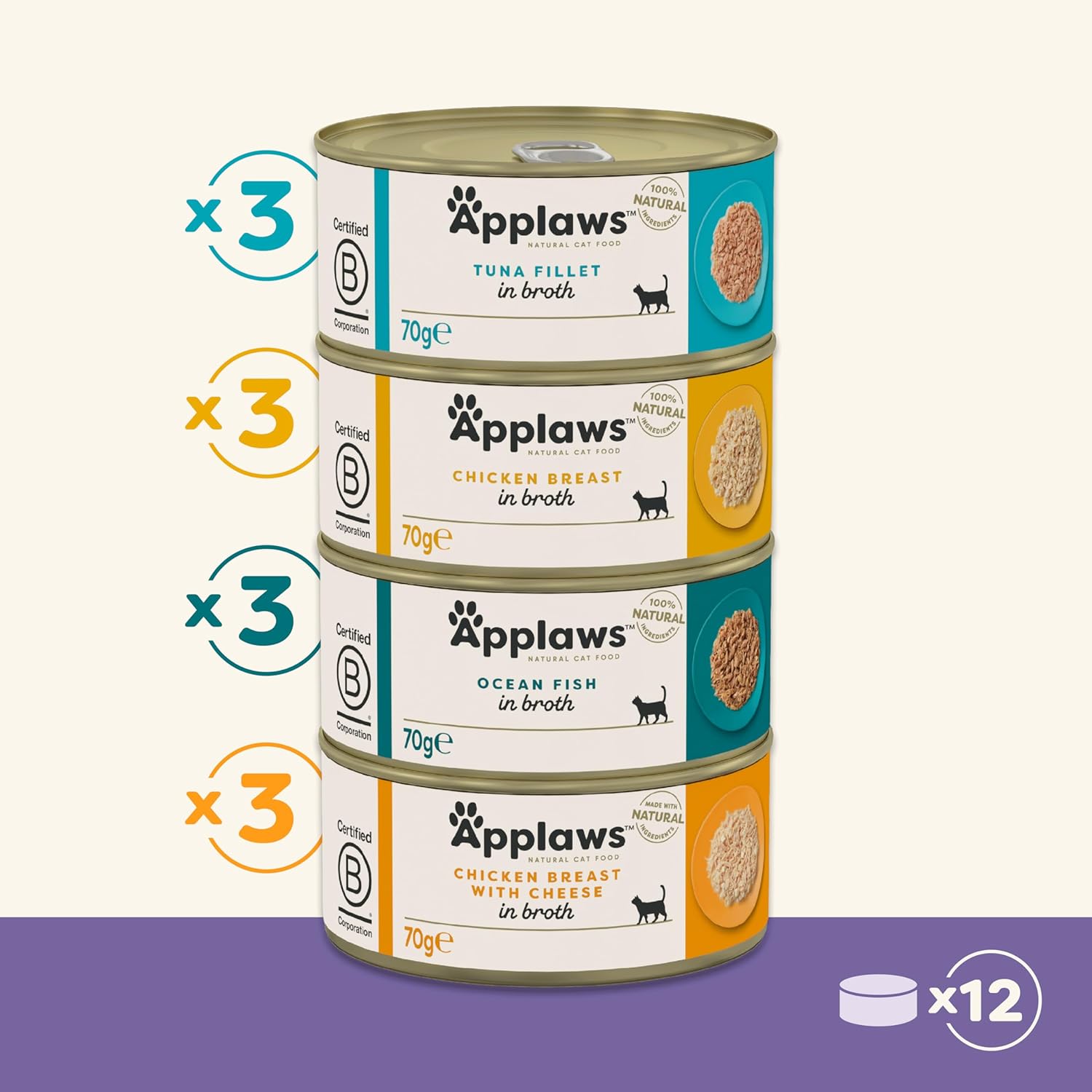 Applaws 100% Natural Thunfischfilet Nassfutter in Brühe für ausgewachsene Katzen - 24 x 70g Dosen