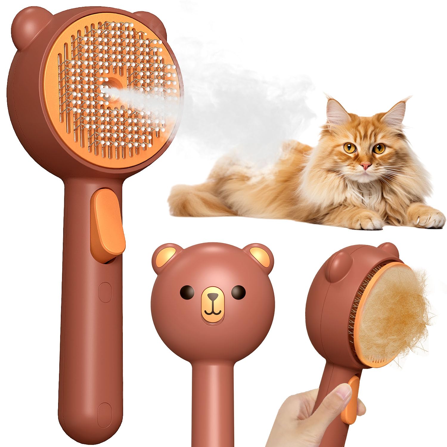 Katzenbürste mit Dampf & Auslöseknopf, Wiederaufladbar Dampfbürste von Katze Hunde, Spray Haustierhaar Bürste, Massage Steamer Kamm für Langhaar und Kurzhaar zum Entfernen Losem Fell und Schmutz