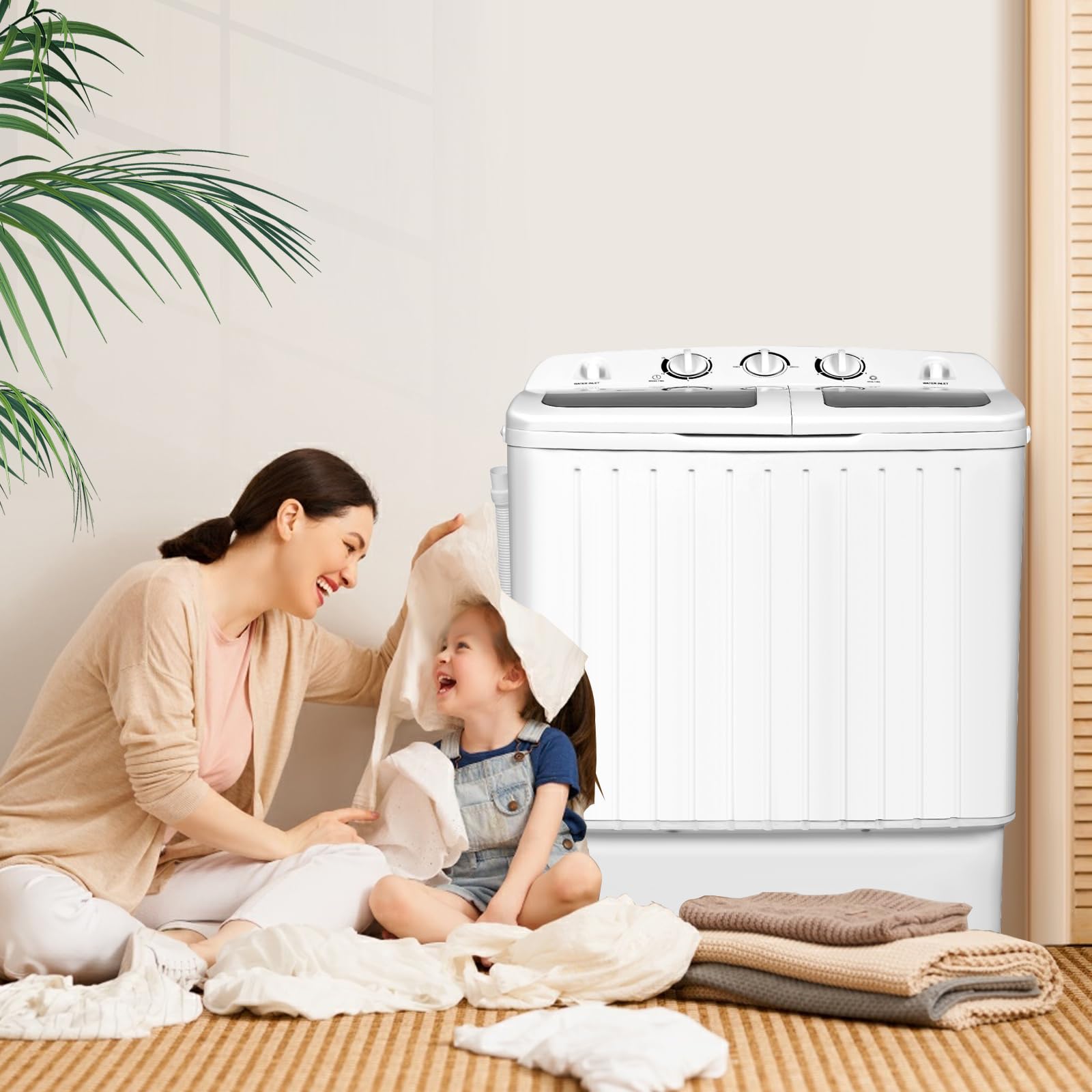 Giantex Portable Mini Compact Twin Tub Washing Machine 20lbs Washer Spain Spinner Portable Washing Machine, Blue+ White