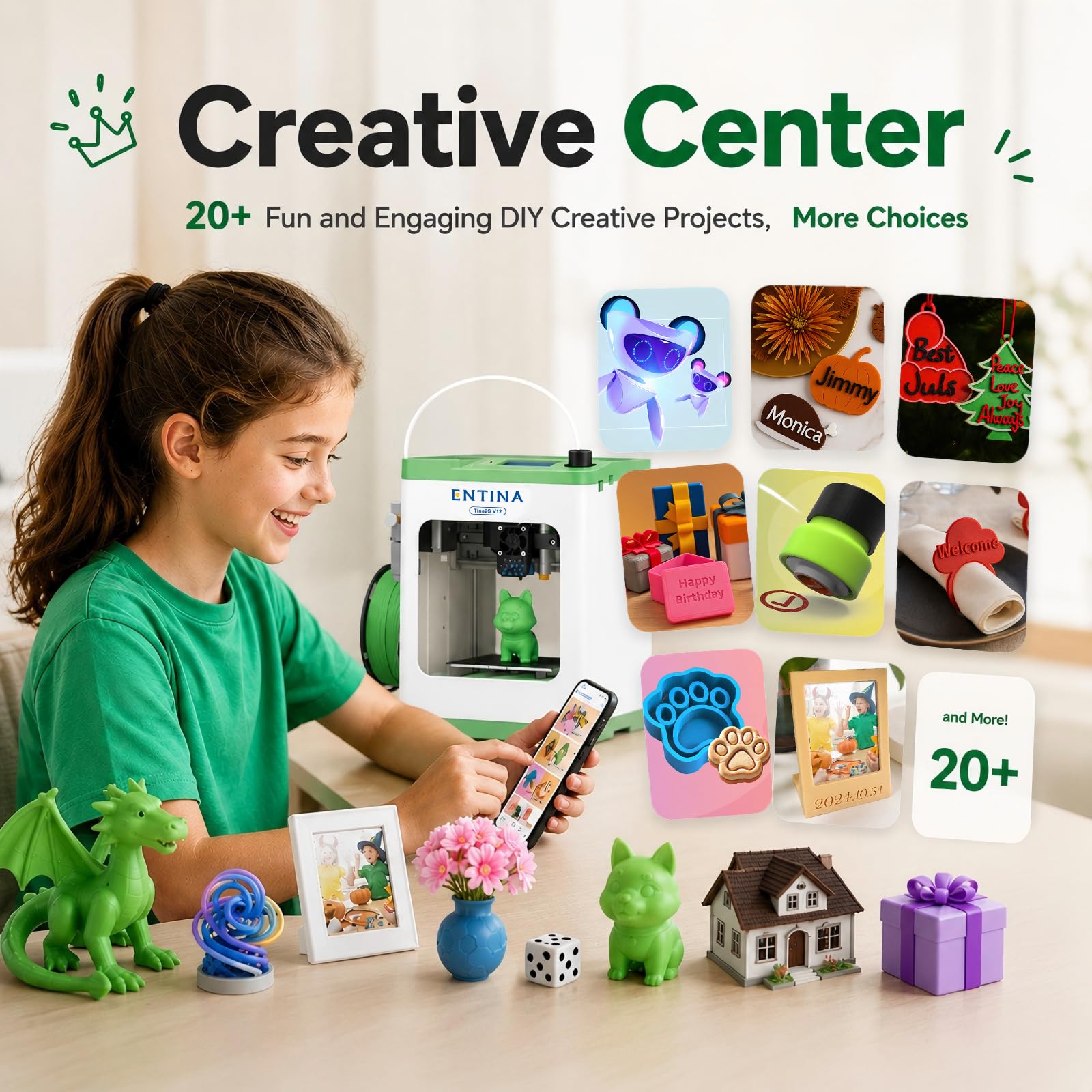 Entina Tina2C 3D Printer for Kids & Beginners, Fully Assembled Starter Mini 3D Printer, Start in 8 Mins, App & WiFi Control, Auto Leveling, 3000+ Model Library, 20+ Creative DIY Modules for STEM, Home