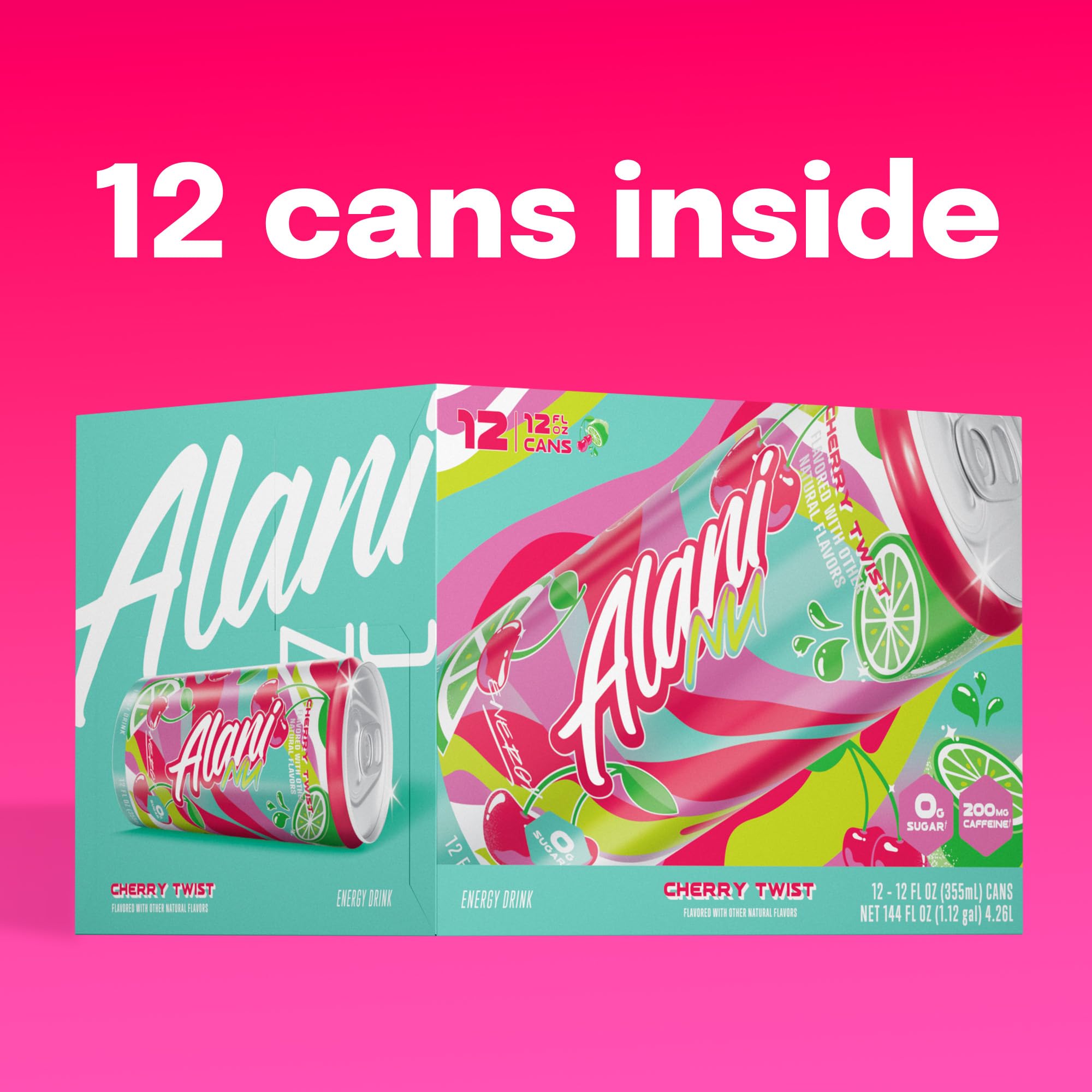 Alani Nu CHERRY TWIST Sugar Free, Low Calorie Energy Drinks, 200mg Caffeine, Biotin B Vitamins, Zero Sugar, 15 Calories, 12 Fl Oz Cans, 12 Pack0