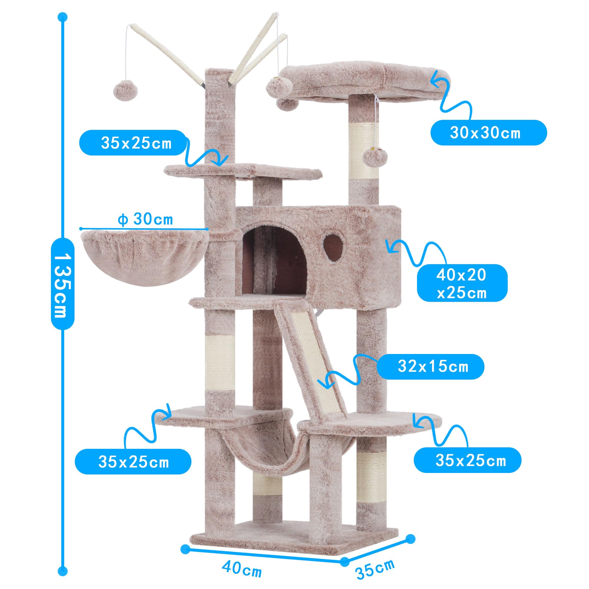 Hey-Brother Kratzbaum, 135 cm Indoor Katzenbaum, Mit gepolsterter Plattform Bett, Spielzeug Ball, Höhlen, Hängematte und Sisal Kratzbaum Katzenhaus, Hellgrau MPJ019-SW