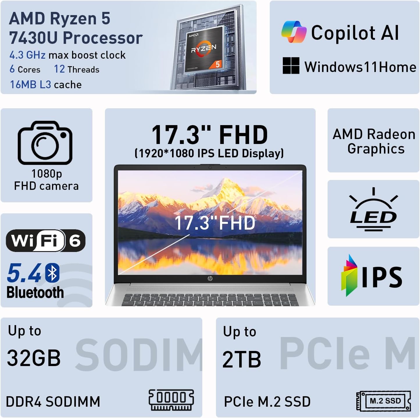 HP 17.3" FHD IPS LED Anti-Glare 300 nits Laptop, AMD Ryzen 5 7430U 6-core CPU, 16GB RAM, 1TB Storage, Webcam w/Shutter, Microsoft Copilot Key, Wi-Fi 6, BT 5.4, Win11 Home, 17-cp3000