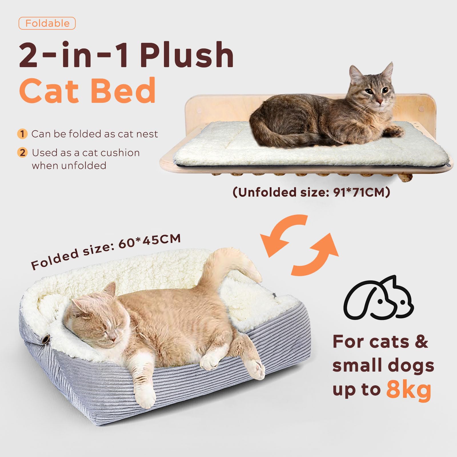 Weiches Katzenbett Waschbar 42x38 cm Plüsch Haustierbett für Kleine Hunde und Katzen - 2 in 1 Katzenkissen Katzendecke Katzensofa Nest Bett, Entfaltete Größe 61x51 cm