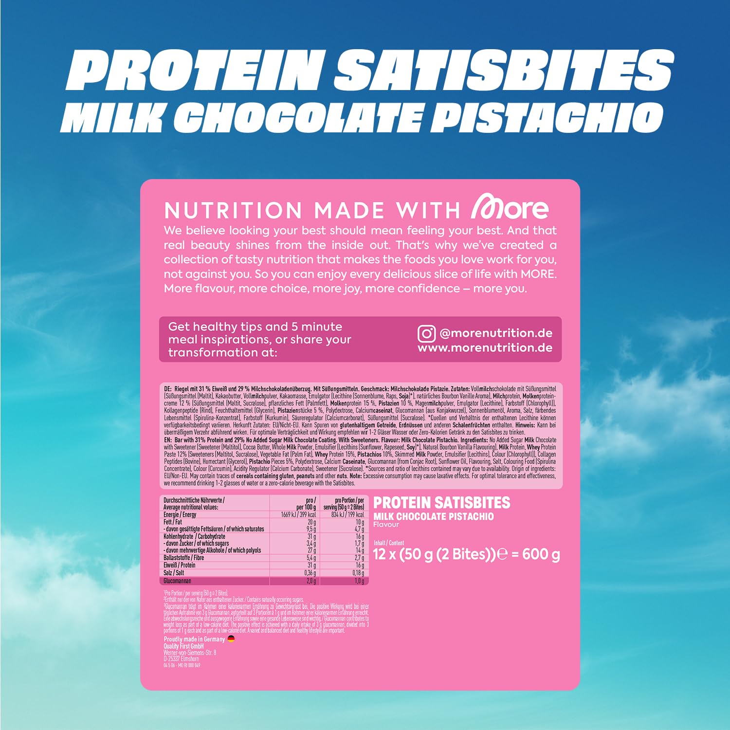 MORE Protein Satisbites, 12er Box Proteinriegel, 12 x 2 x 25 g, White Chocolate Strawberry Cream, bis zu 16 g Protein pro Portion, ohne Zuckerzusatz, made in Germany
