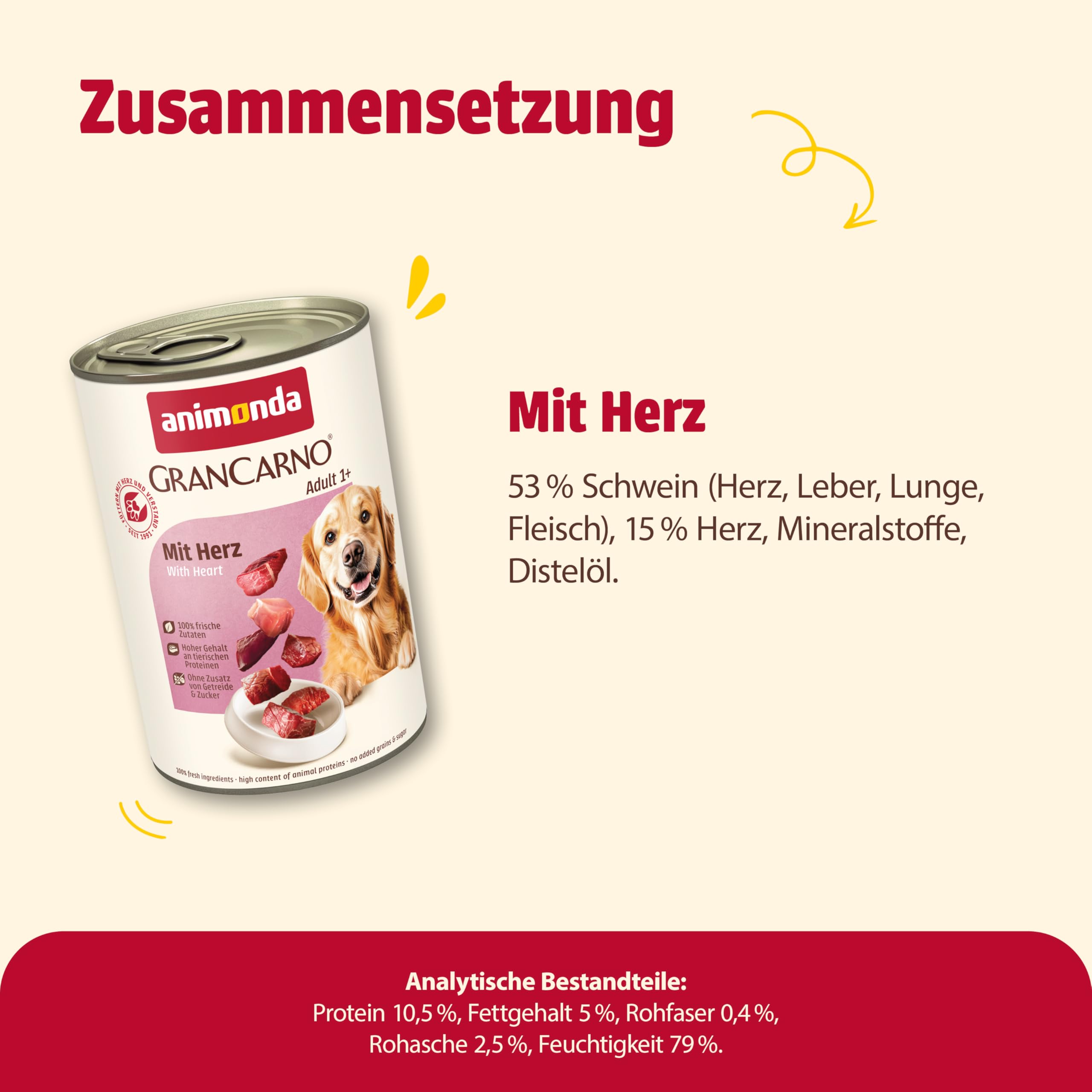 animonda GranCarno Hunde Nassfutter mit Rind + Entenherzen (6 x 800 g), getreidefreies Hundenassfutter ohne Zucker, für ausgewachsene Hunde, mit frischen fleischigen Zutaten