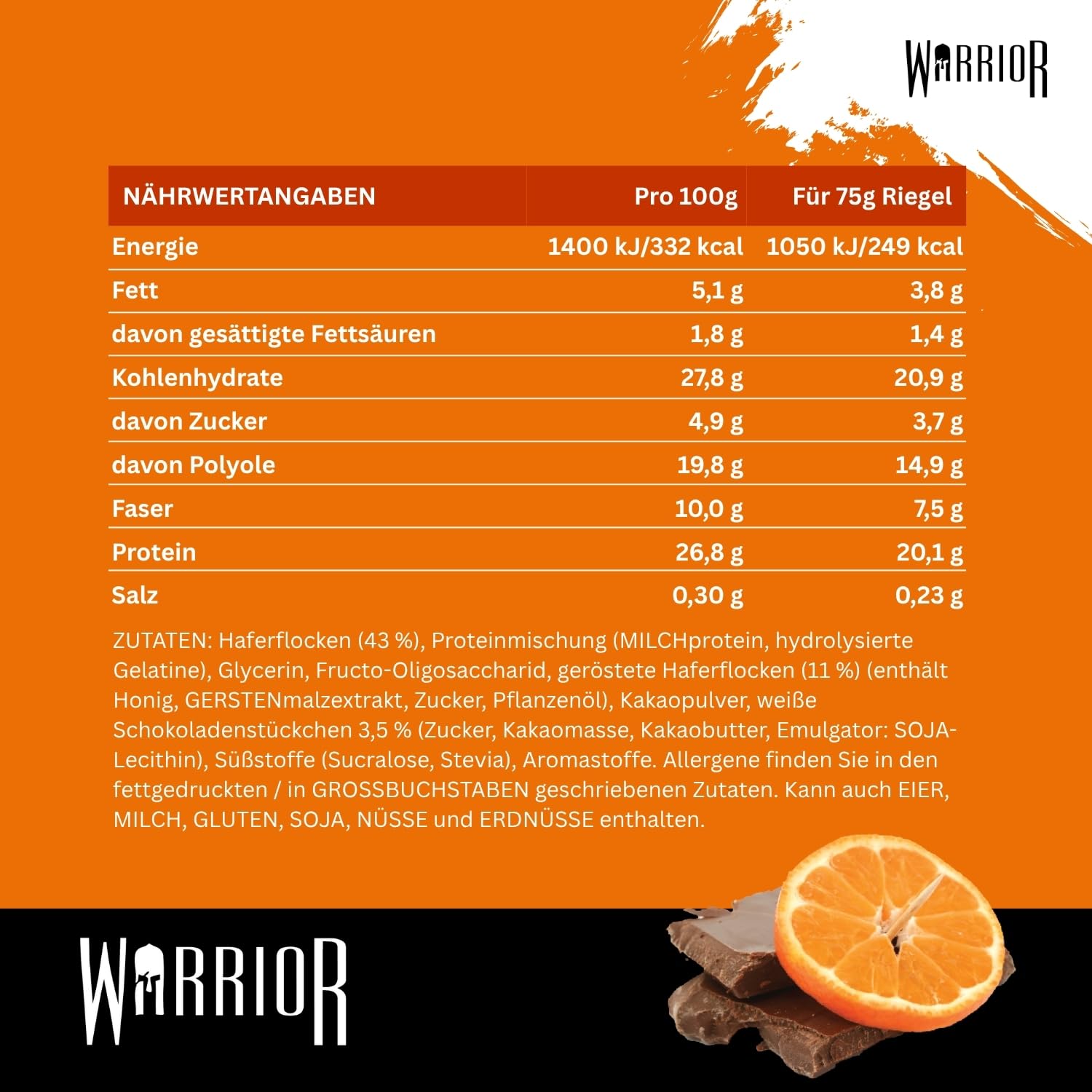 Warrior Raw Proteinriegel 12 x 75 g – Ballaststoffreicher Haferriegel mit Protein, High Protein Snack ohne Zucker, Natürlicher Haferflocken Riegel mit Präbiotika – Schoko-Brownie