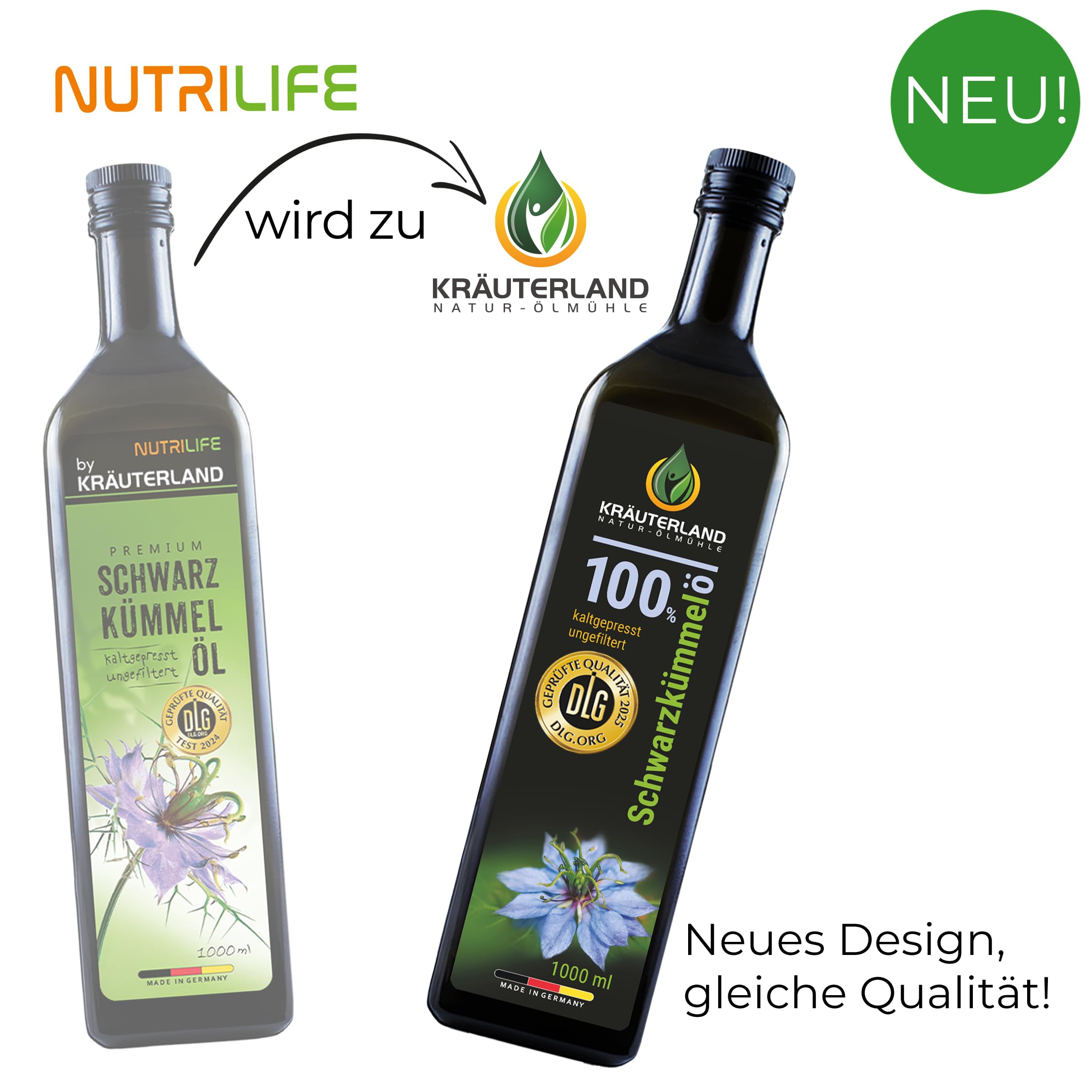 Kräuterland Schwarzkümmelöl 500ml, kaltgepresst & ungefiltert, hoher Thymochinon‑Anteil, ägyptische Samen, mühlenfrisch, 100 % Nigella sativa, naturrein ohne Zusatzstoffe, lichtgeschützten Glas
