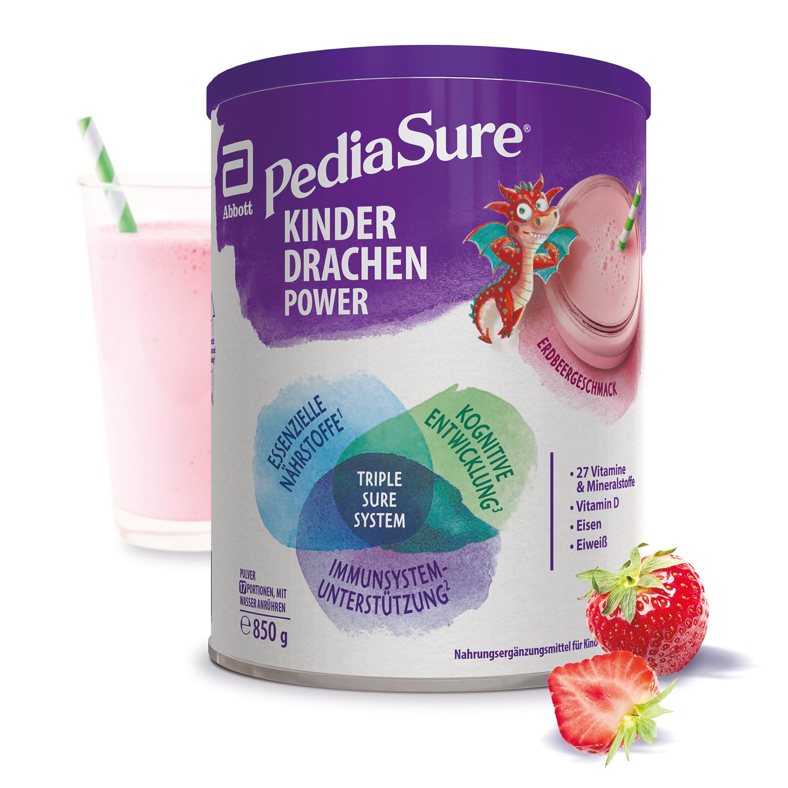 Pediasure Kinder Drachen Power Vanille 850g| leckerer Nahrungsergänzungsshake für Kinder ab 1 Jahr|mit 27 Vitaminen & Mineralien, Protein und triplesure Komplex|Verpackung kann variieren
