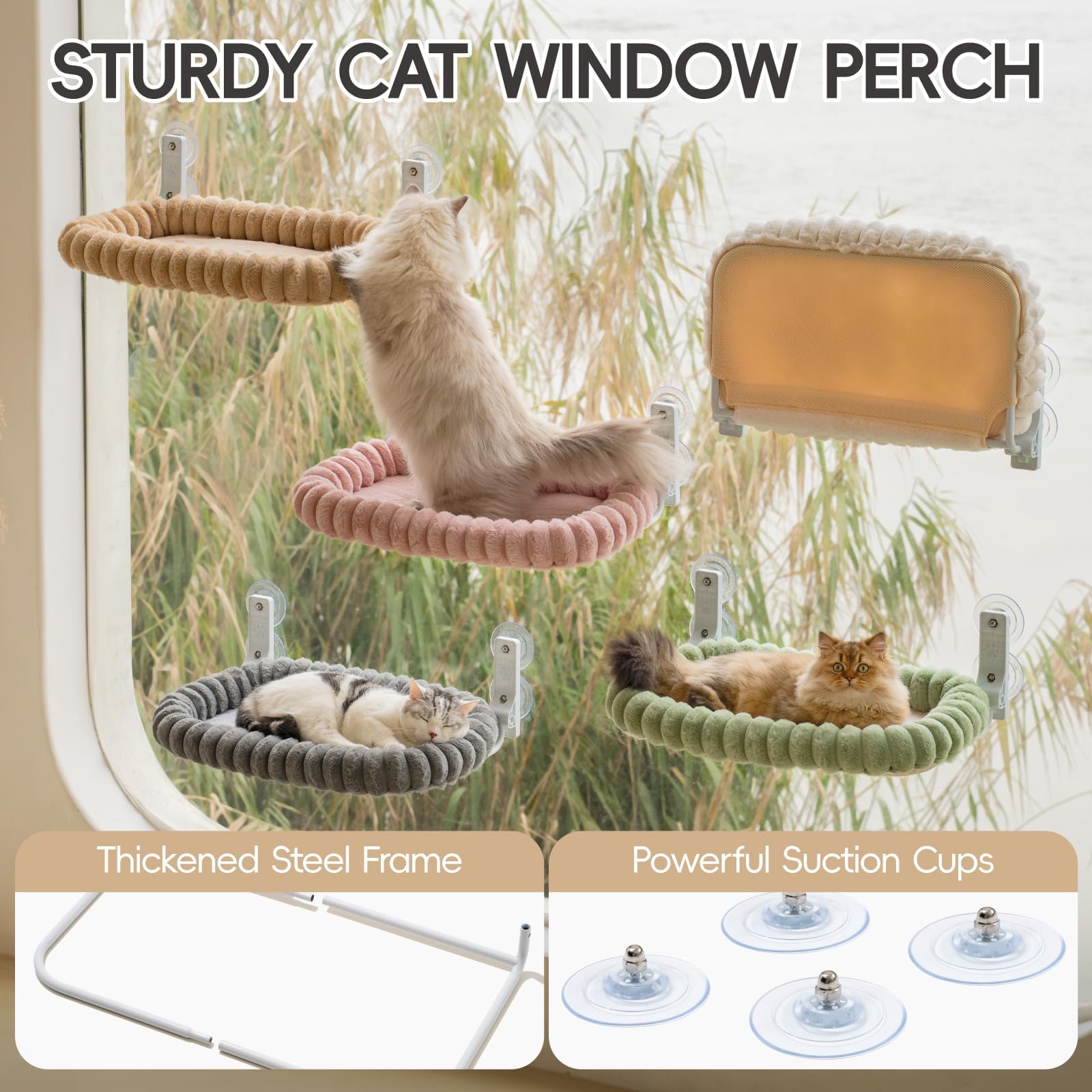 EDAGNY Katzen Fensterliege Hängematte Weich mit Abnehmbarem Wendebezug - Katzen Hängematte Fenster mit Stabiles Stahlgestell Halt bis 18kg, Creme M