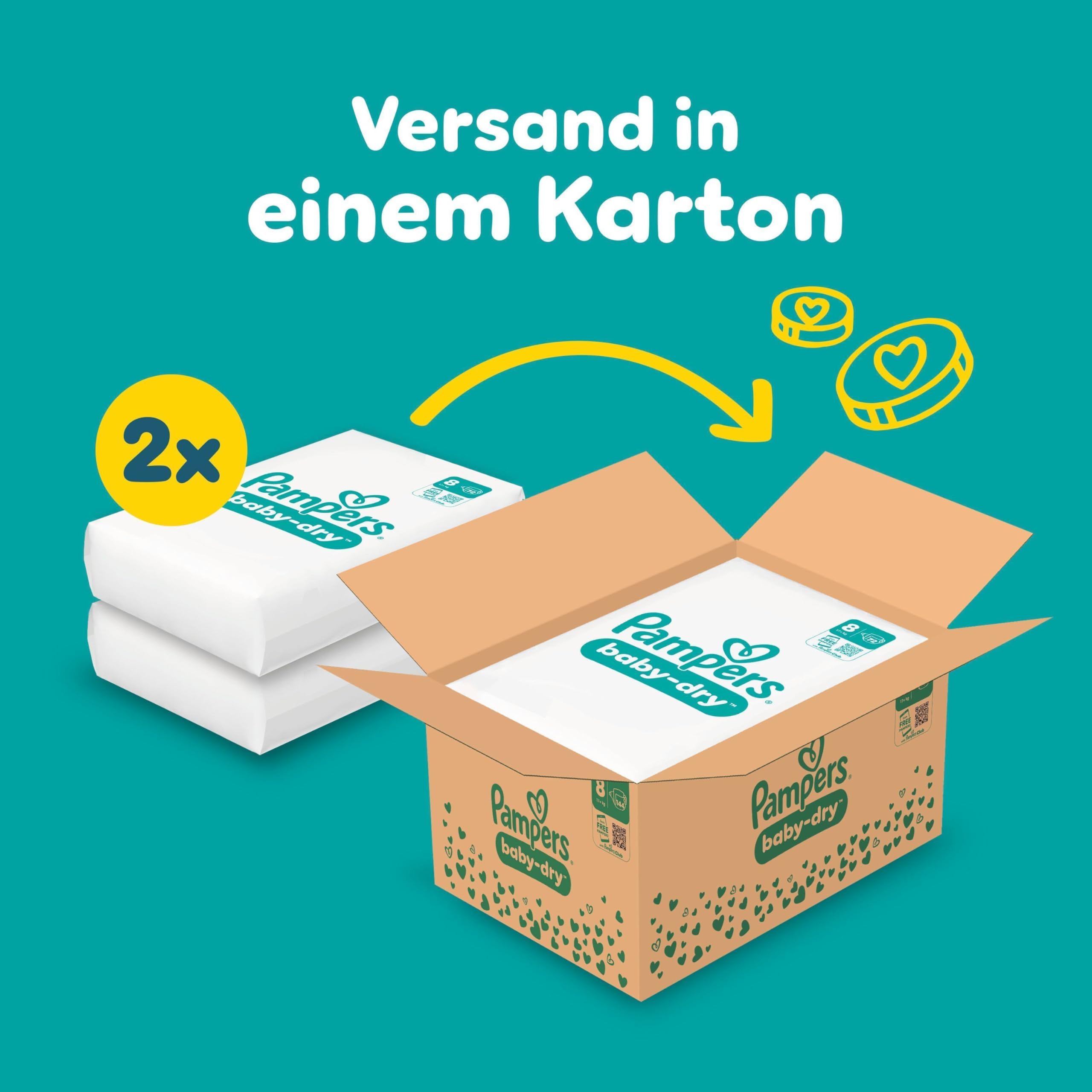 Pampers Baby-Dry Größe 8, 144 Windeln, 17kg+, Bis zu 100% Auslaufschutz & Komfort die ganze Nacht