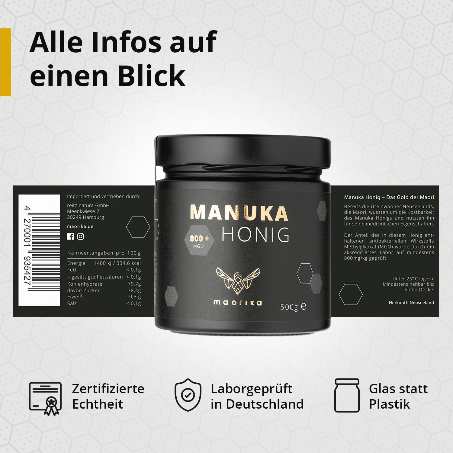 maorika - Manuka Honig 800 MGO + 250g im Glas (lichtundurchlässig, kein Plastik) - laborgeprüft, zertifiziert aus Neuseeland