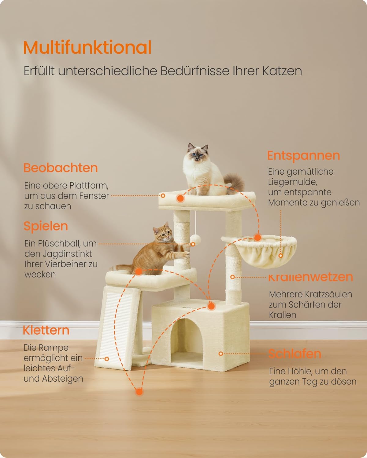 Feandrea Kratzbaum, Katzenbaum mit Kratzsäulen, Rampe, Katzenkratzbaum, 2 große Plattformen, Höhle und Korb, 85,8 cm hoch, Taubengrau PCT013GD01