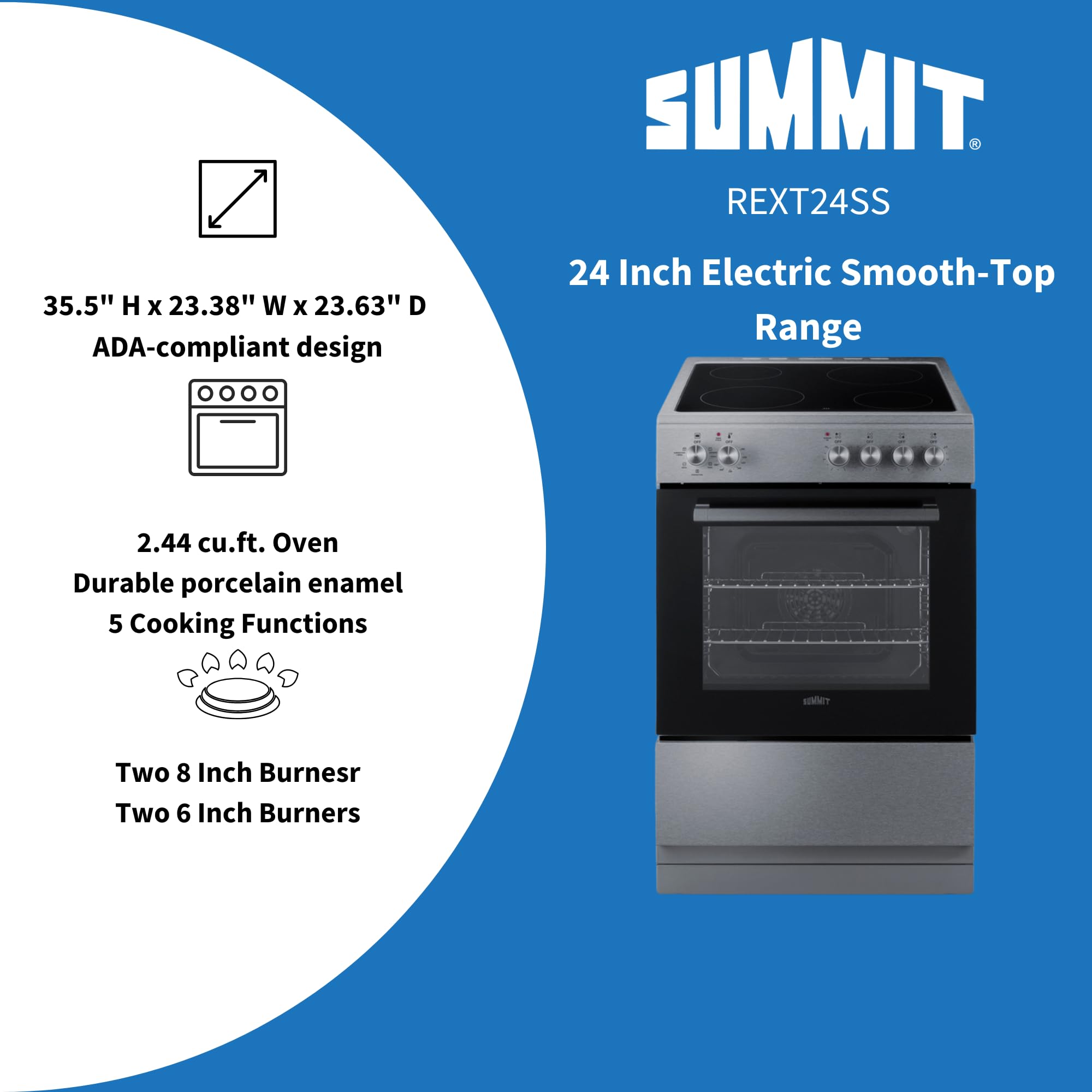 Summit 24” Electric Smooth Top Range, Large 2.44 cu.ft. oven. ADA Compliant, White- REXT24W
